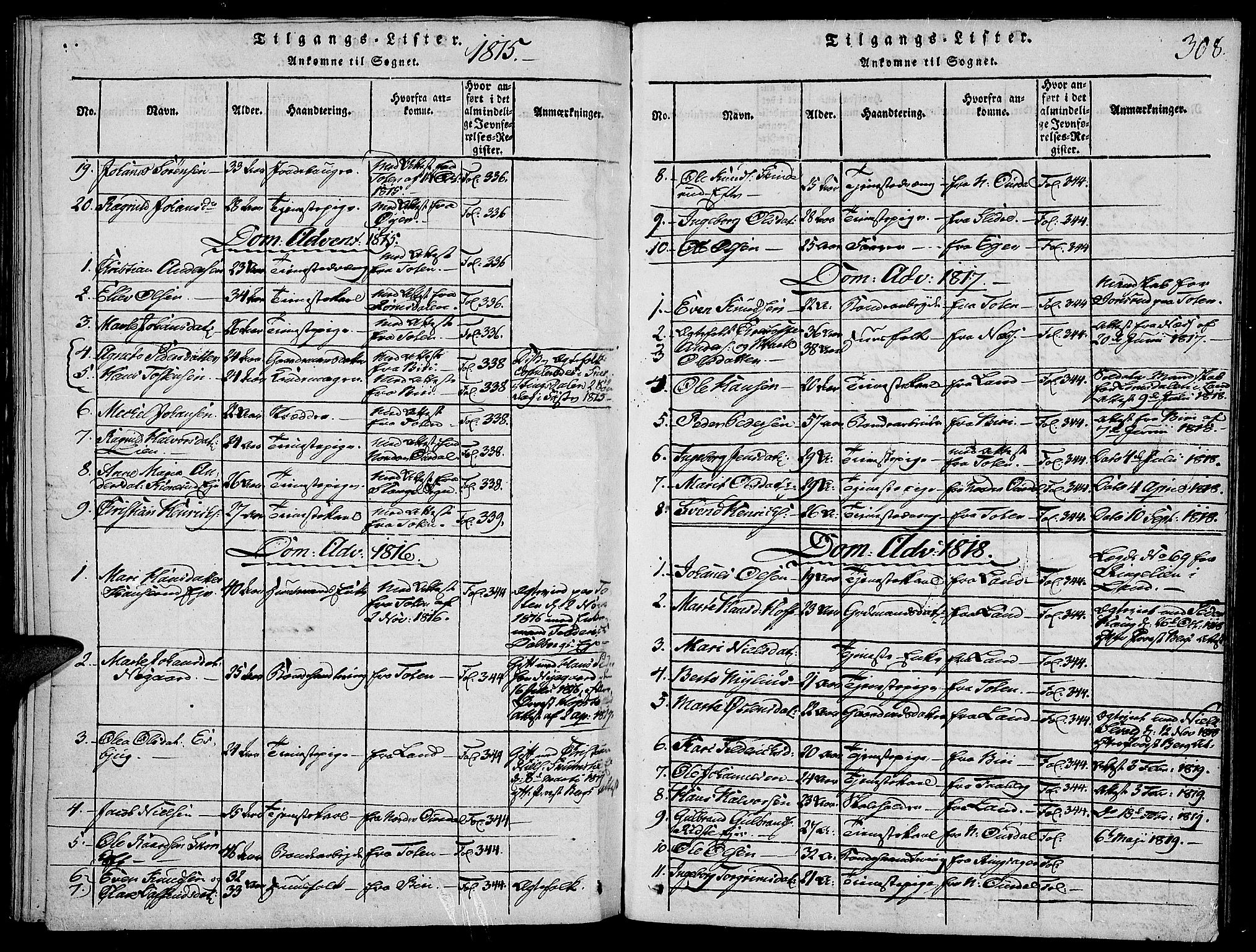 Vardal prestekontor, SAH/PREST-100/H/Ha/Haa/L0004: Parish register (official) no. 4, 1814-1831, p. 308