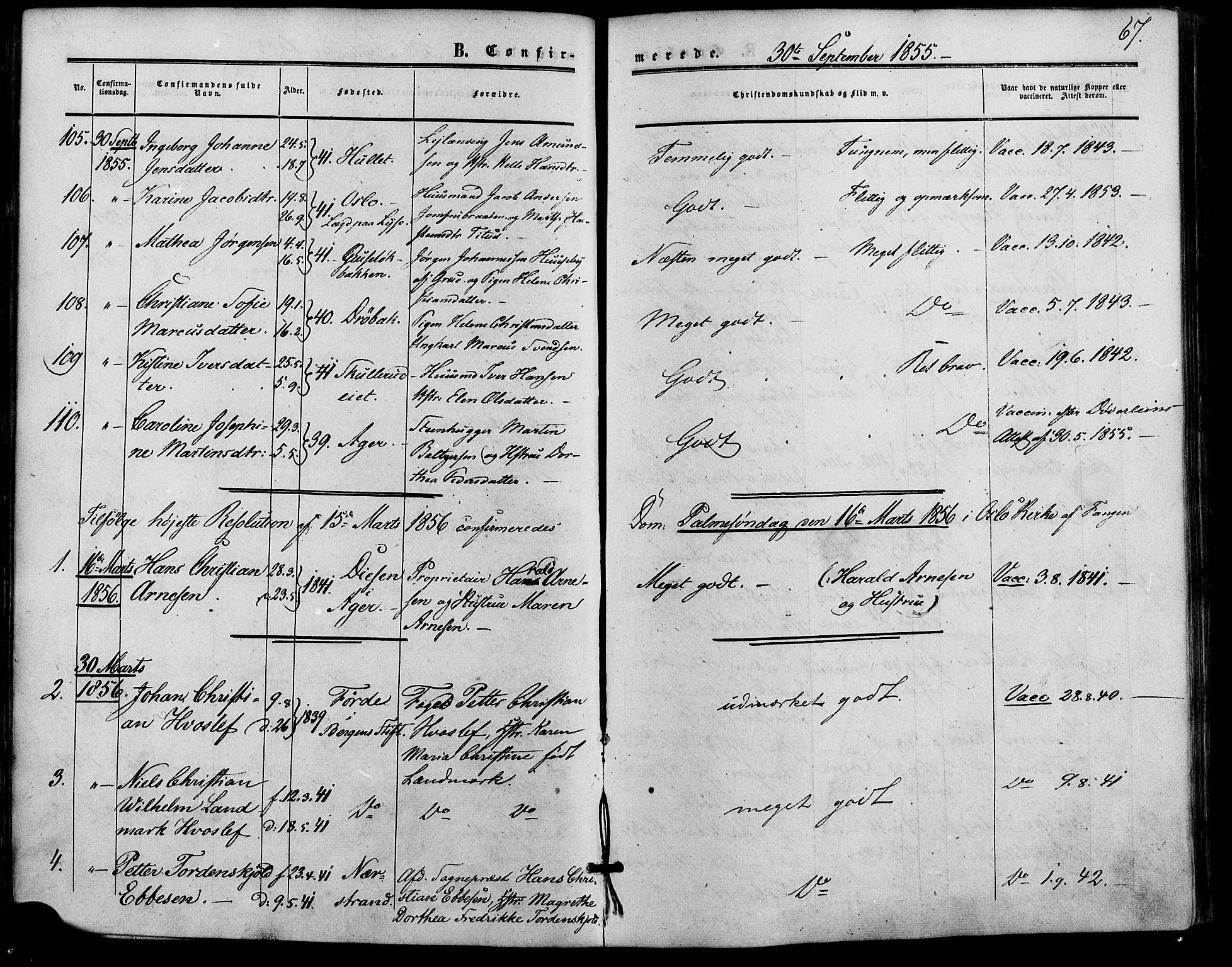 Vestre Aker prestekontor Kirkebøker, SAO/A-10025/F/Fa/L0001: Parish register (official) no. 1, 1853-1858, p. 67