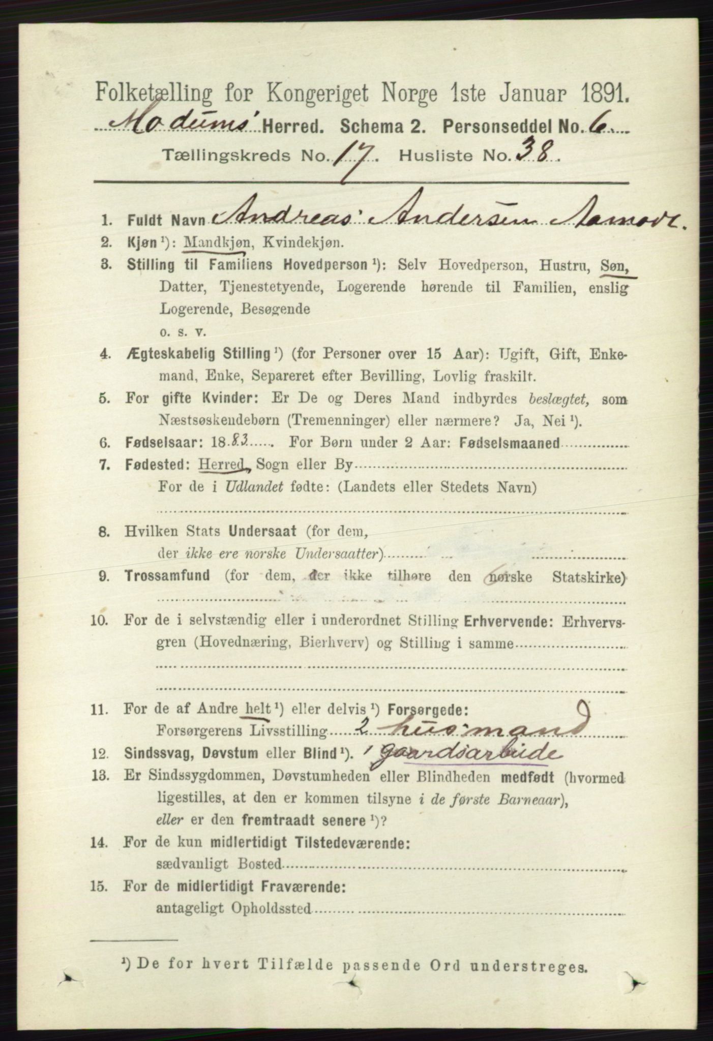 RA, 1891 census for 0623 Modum, 1891, p. 6834