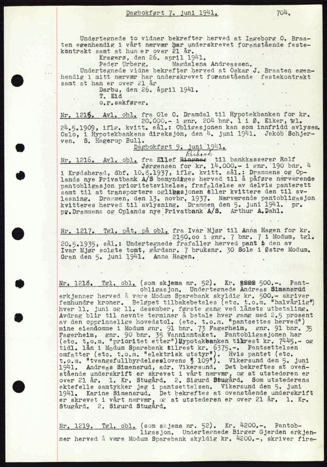 Eiker, Modum og Sigdal sorenskriveri, SAKO/A-123/G/Ga/Gab/L0043: Mortgage book no. A13, 1940-1941, Diary no: : 1215/1941