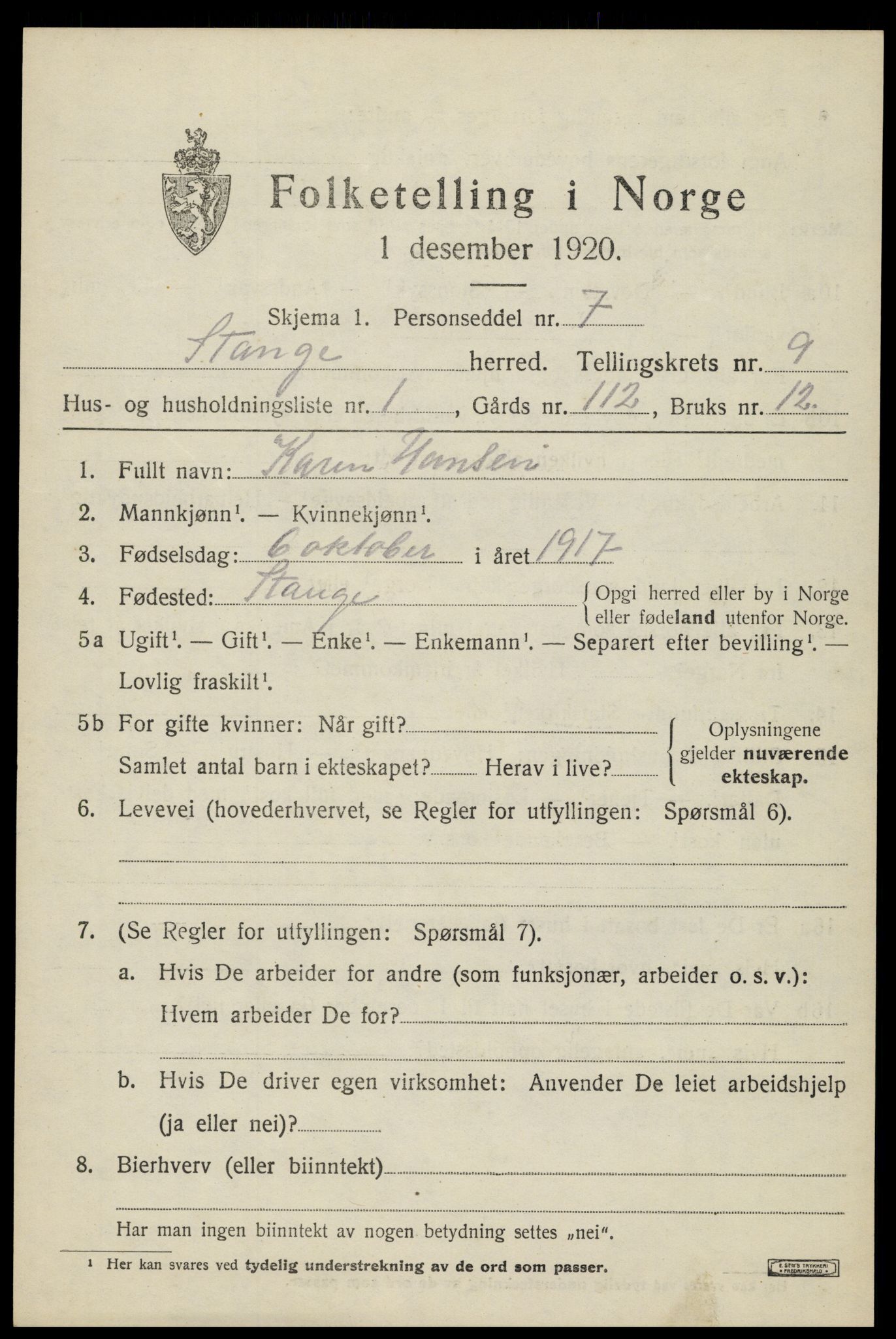 SAH, 1920 census for Stange, 1920, p. 14593