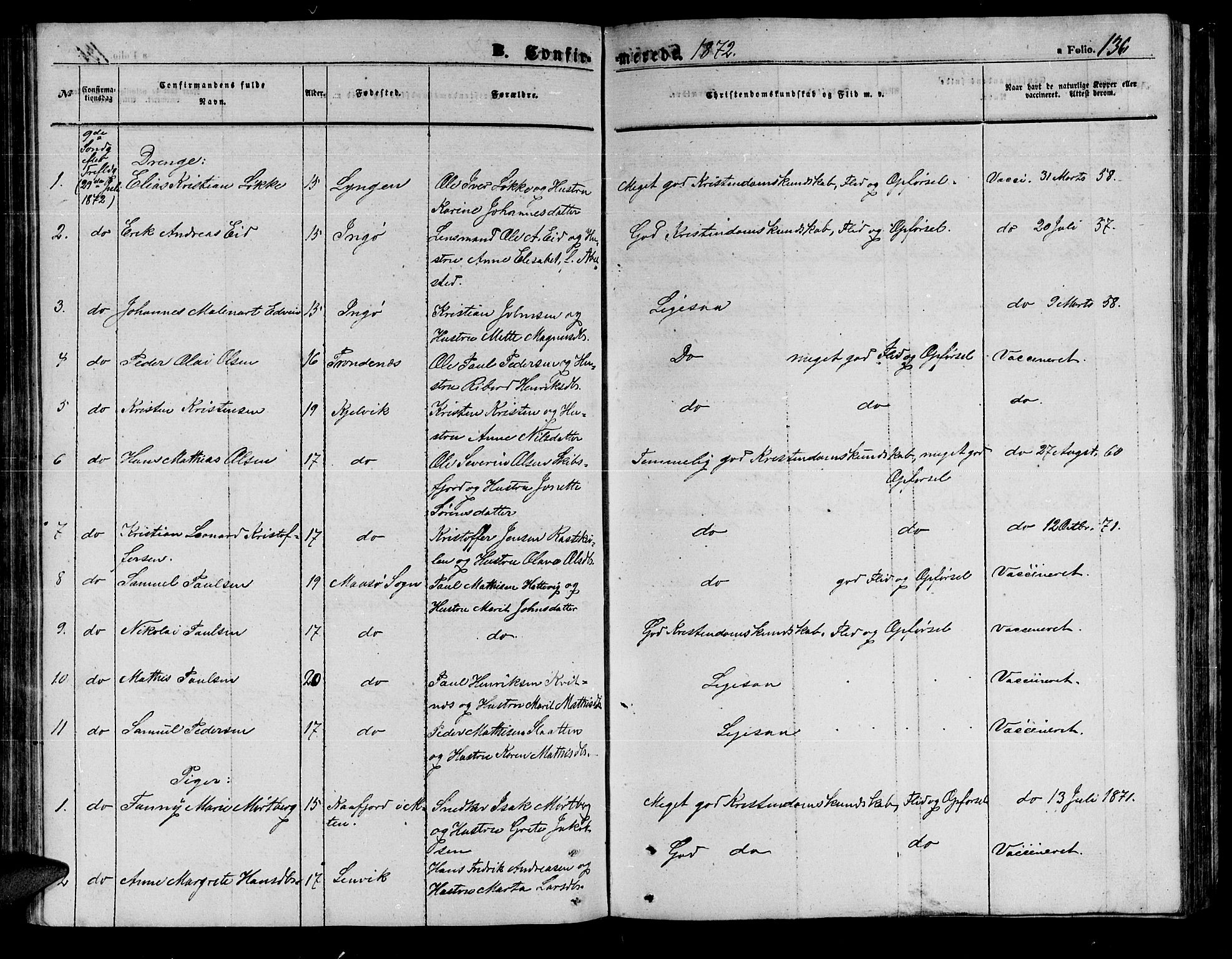 Måsøy sokneprestkontor, SATØ/S-1348/H/Hb/L0001klokker: Parish register (copy) no. 1, 1852-1877, p. 136
