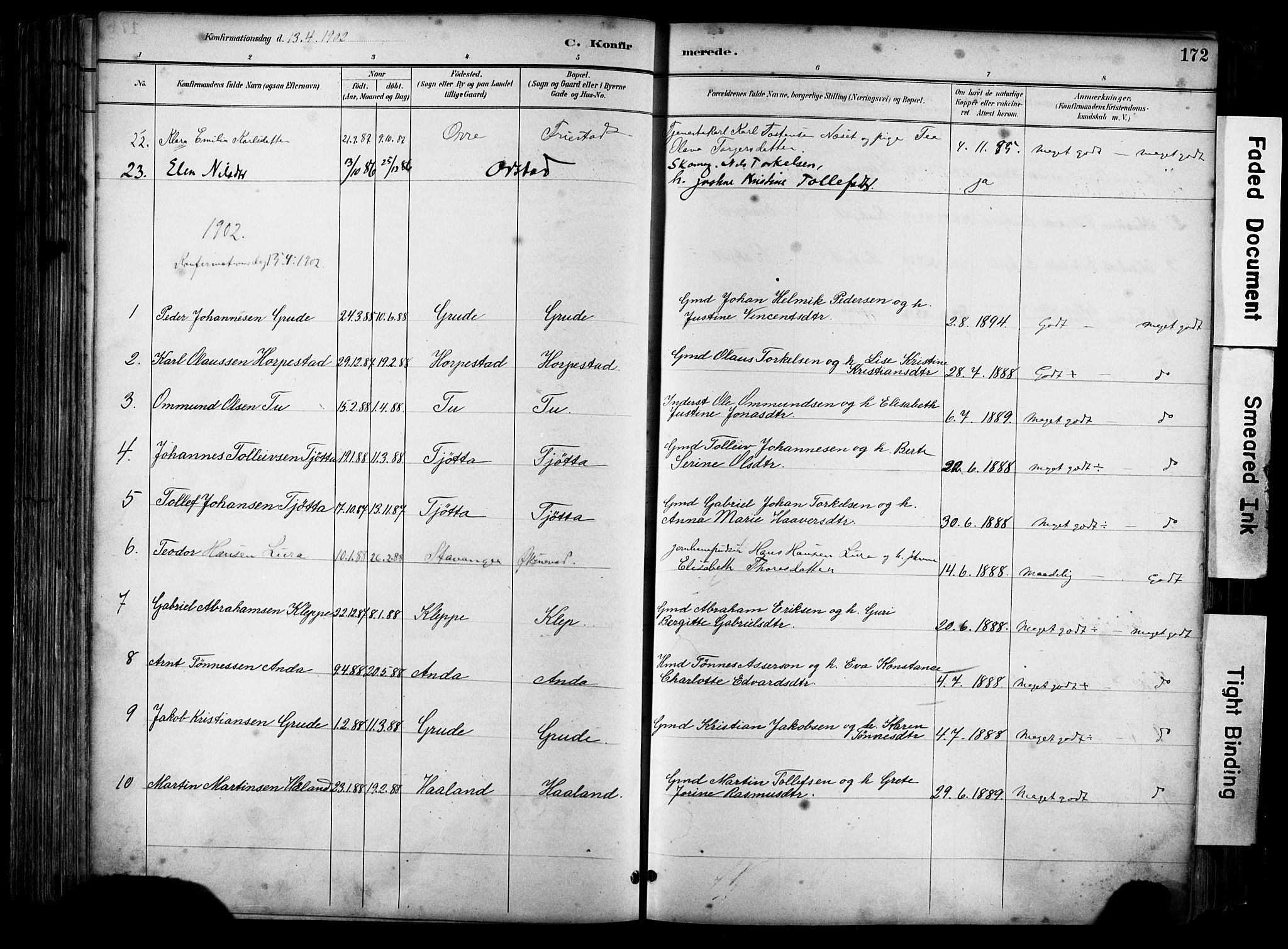 Klepp sokneprestkontor, AV/SAST-A-101803/001/3/30BA/L0009: Parish register (official) no. A 7, 1886-1915, p. 172