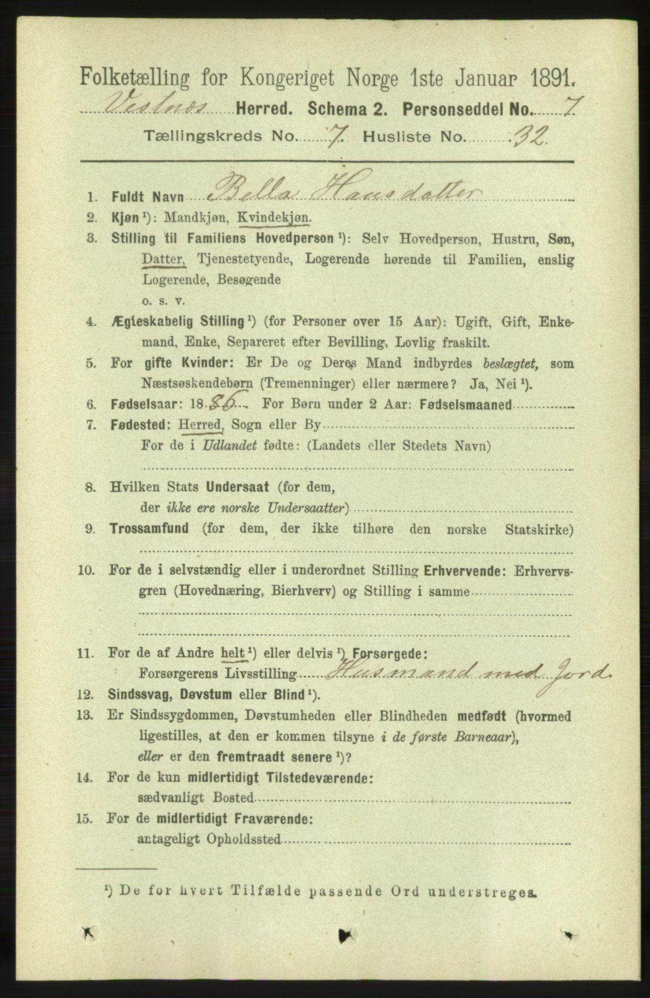 RA, 1891 census for 1535 Vestnes, 1891, p. 2903
