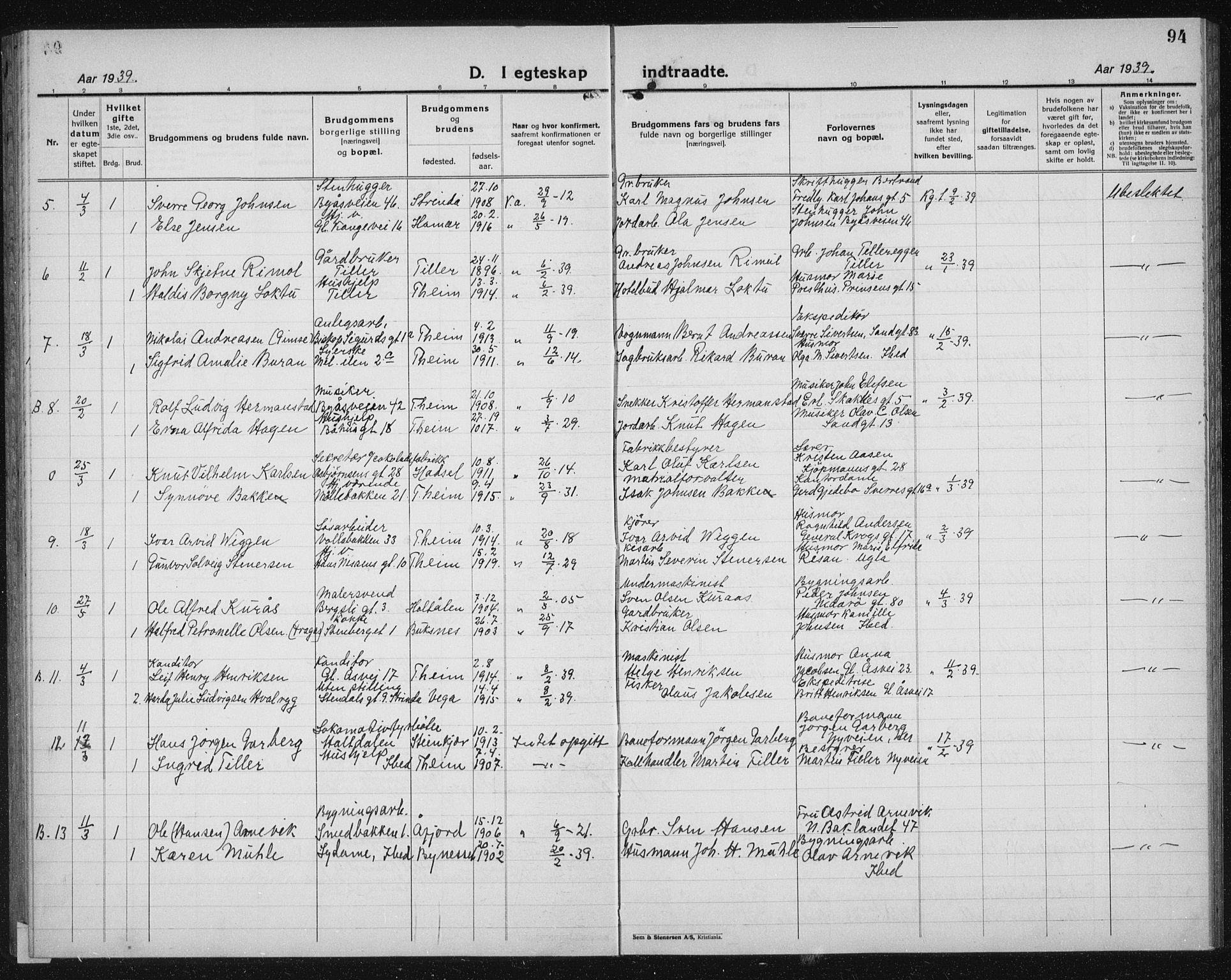 Ministerialprotokoller, klokkerbøker og fødselsregistre - Sør-Trøndelag, SAT/A-1456/603/L0176: Parish register (copy) no. 603C04, 1923-1941, p. 94