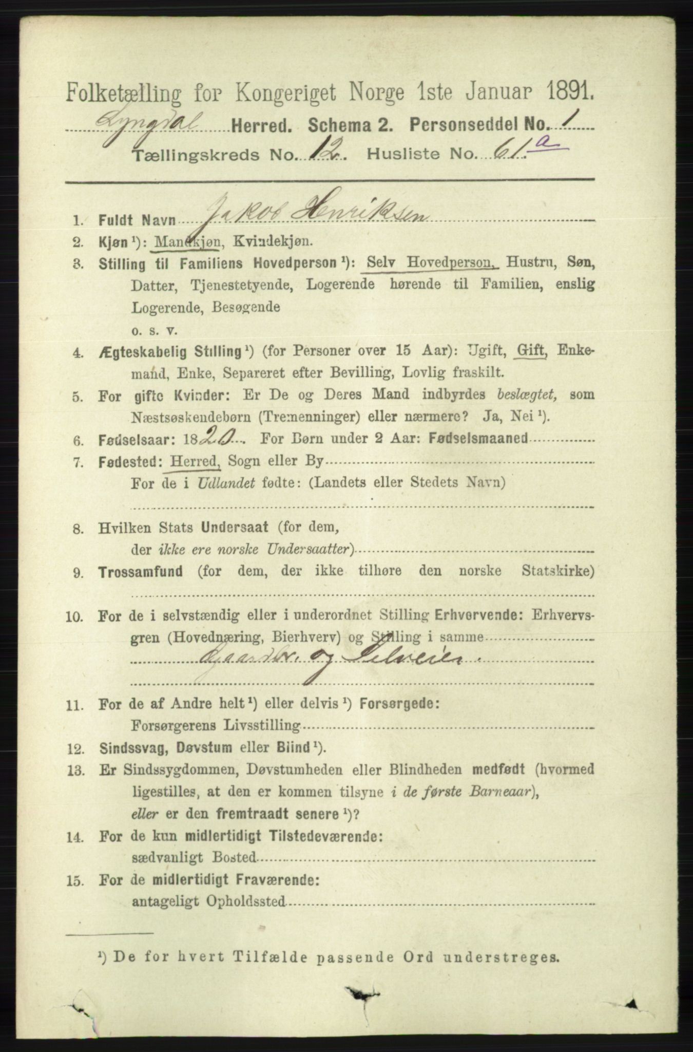 RA, 1891 census for 1032 Lyngdal, 1891, p. 5555