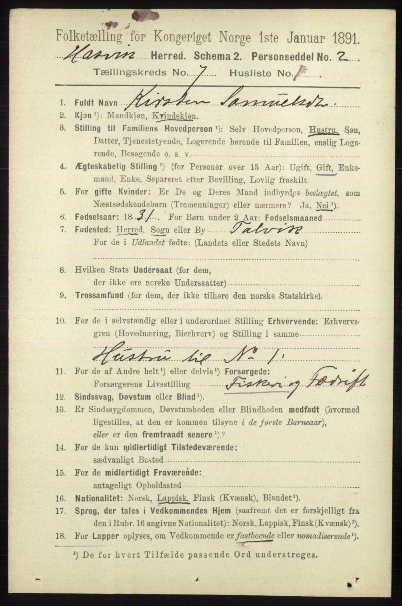 RA, 1891 census for 2015 Hasvik, 1891, p. 966