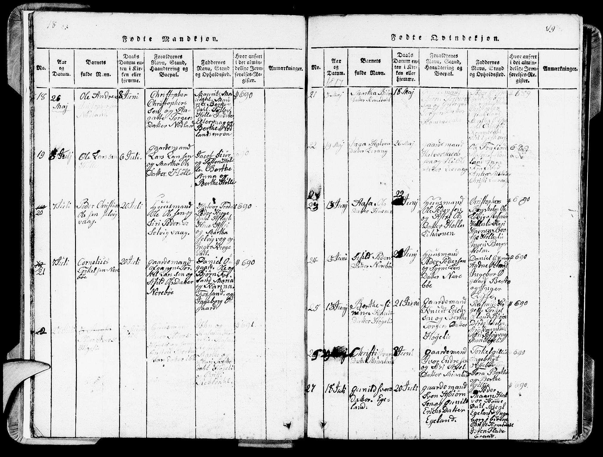 Strand sokneprestkontor, AV/SAST-A-101828/H/Ha/Hab/L0002: Parish register (copy) no. B 2, 1816-1854, p. 18-19