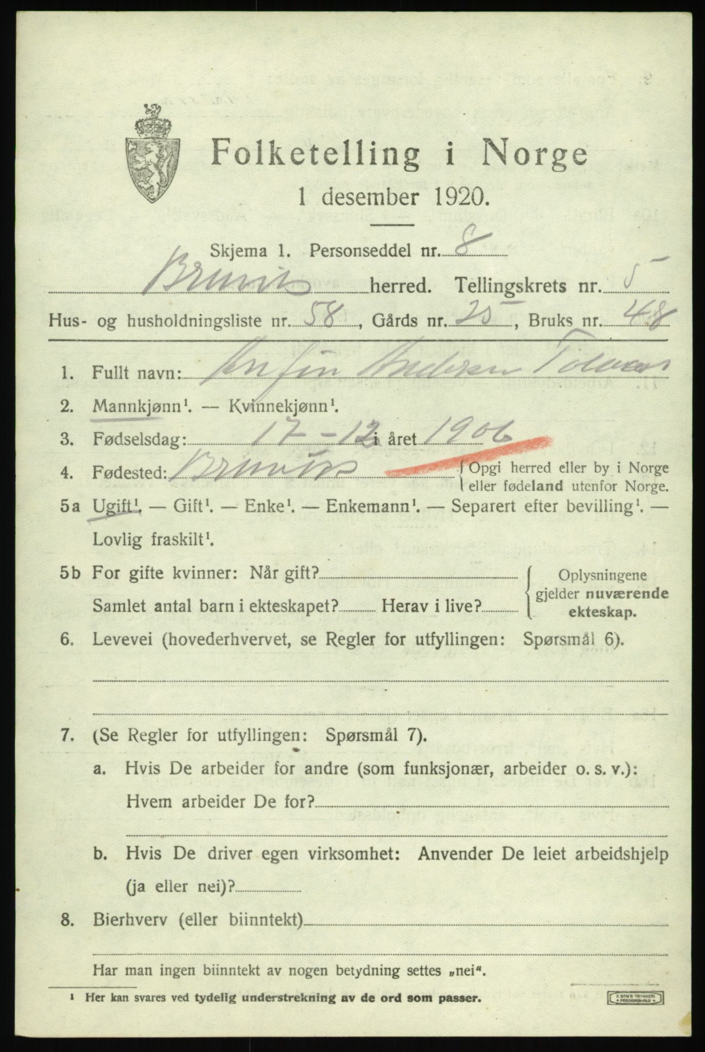 SAB, 1920 census for Bruvik, 1920, p. 3668