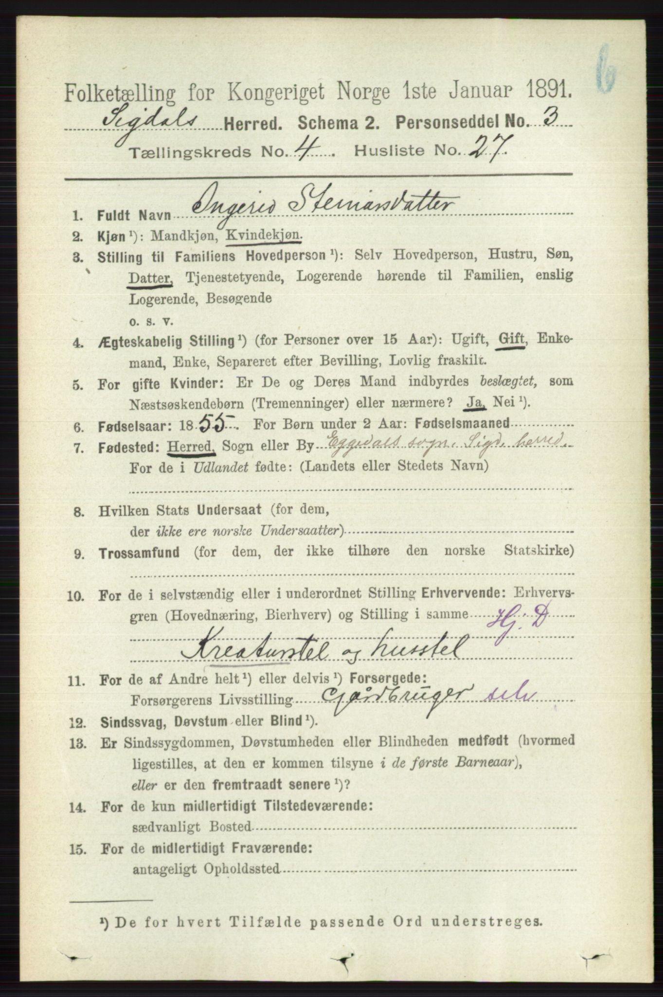 RA, 1891 census for 0621 Sigdal, 1891, p. 4839