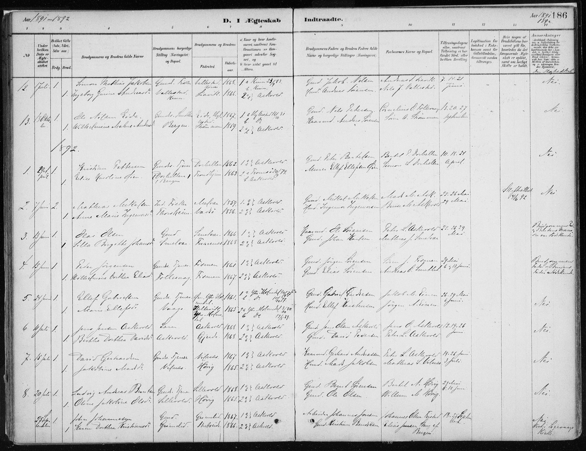 Askvoll sokneprestembete, SAB/A-79501/H/Haa/Haab/L0002: Parish register (official) no. B 2, 1879-1909, p. 186