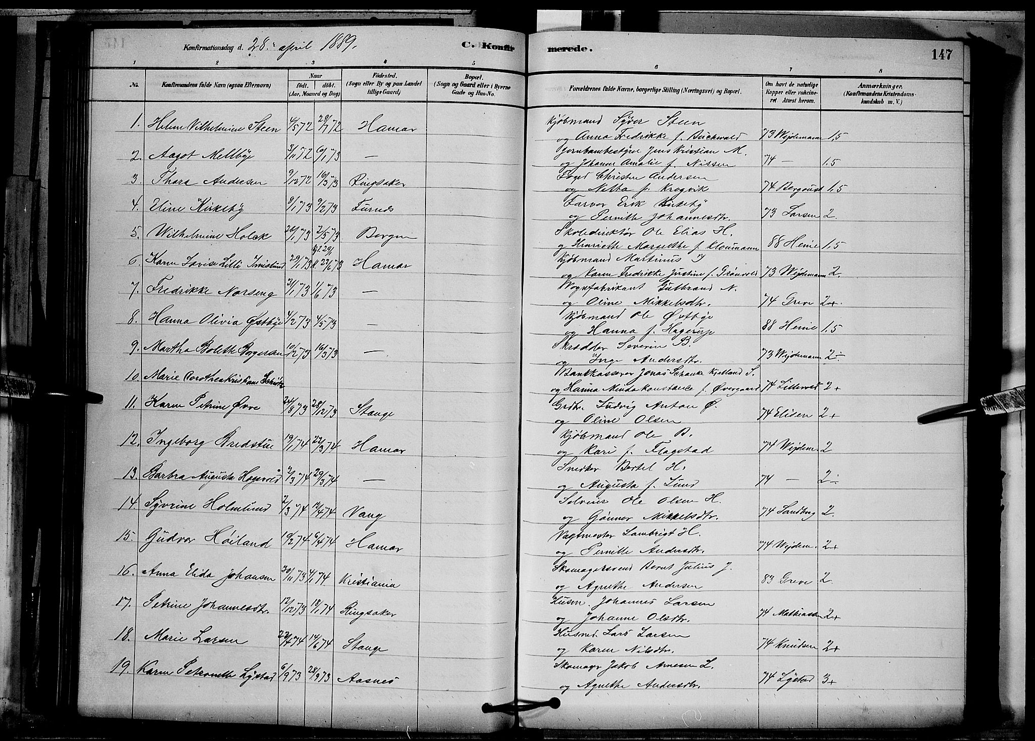 Vang prestekontor, Hedmark, AV/SAH-PREST-008/H/Ha/Hab/L0012: Parish register (copy) no. 12, 1878-1889, p. 147