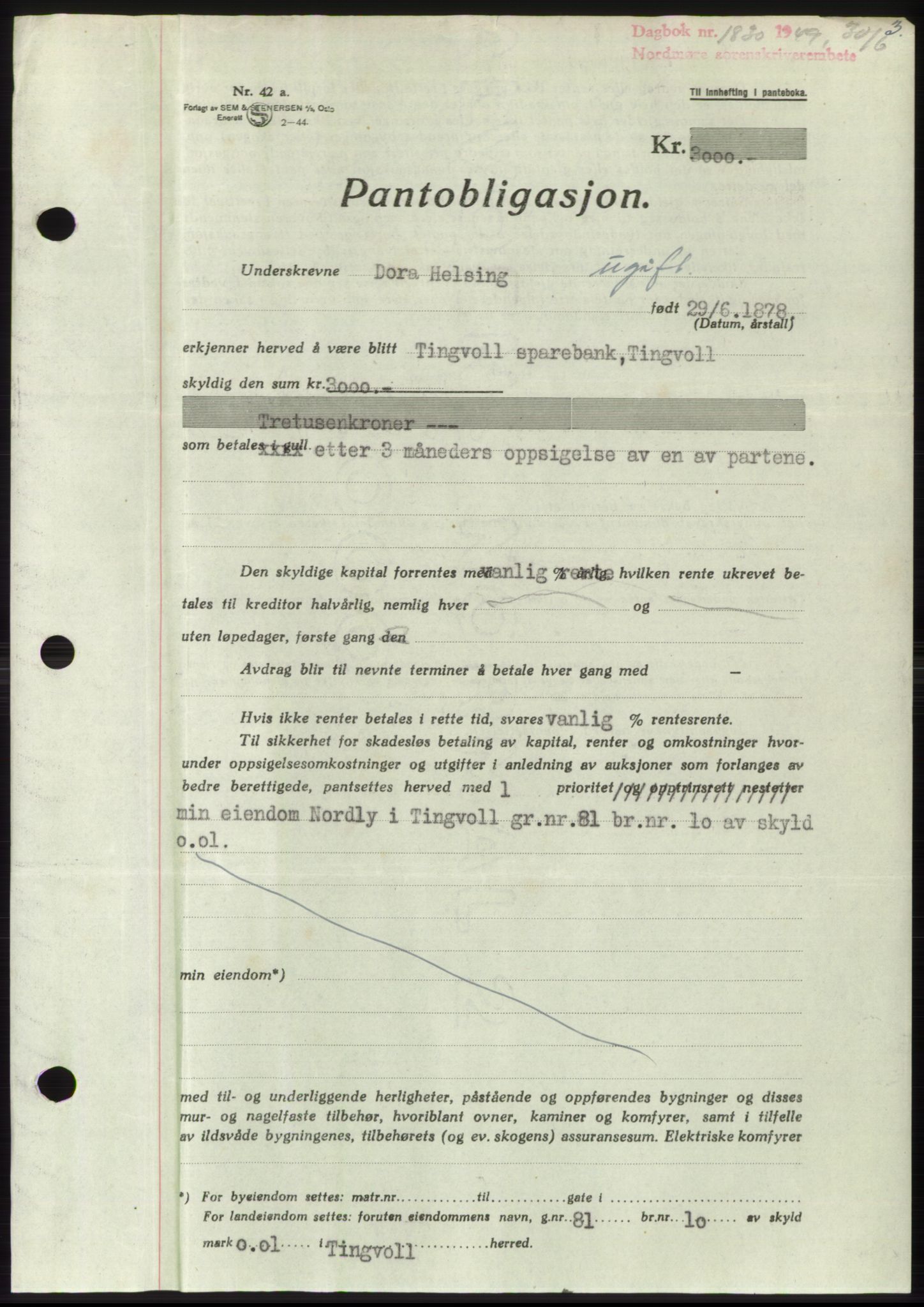 Nordmøre sorenskriveri, AV/SAT-A-4132/1/2/2Ca: Mortgage book no. B102, 1949-1949, Diary no: : 1830/1949