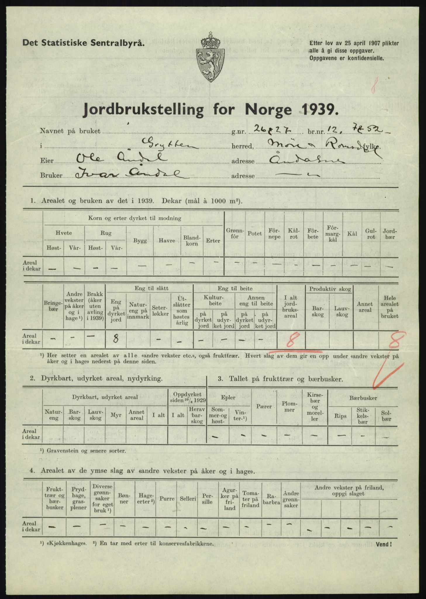 Statistisk sentralbyrå, Næringsøkonomiske emner, Jordbruk, skogbruk, jakt, fiske og fangst, AV/RA-S-2234/G/Gb/L0251: Møre og Romsdal: Voll, Eid, Grytten og Hen, 1939, p. 577