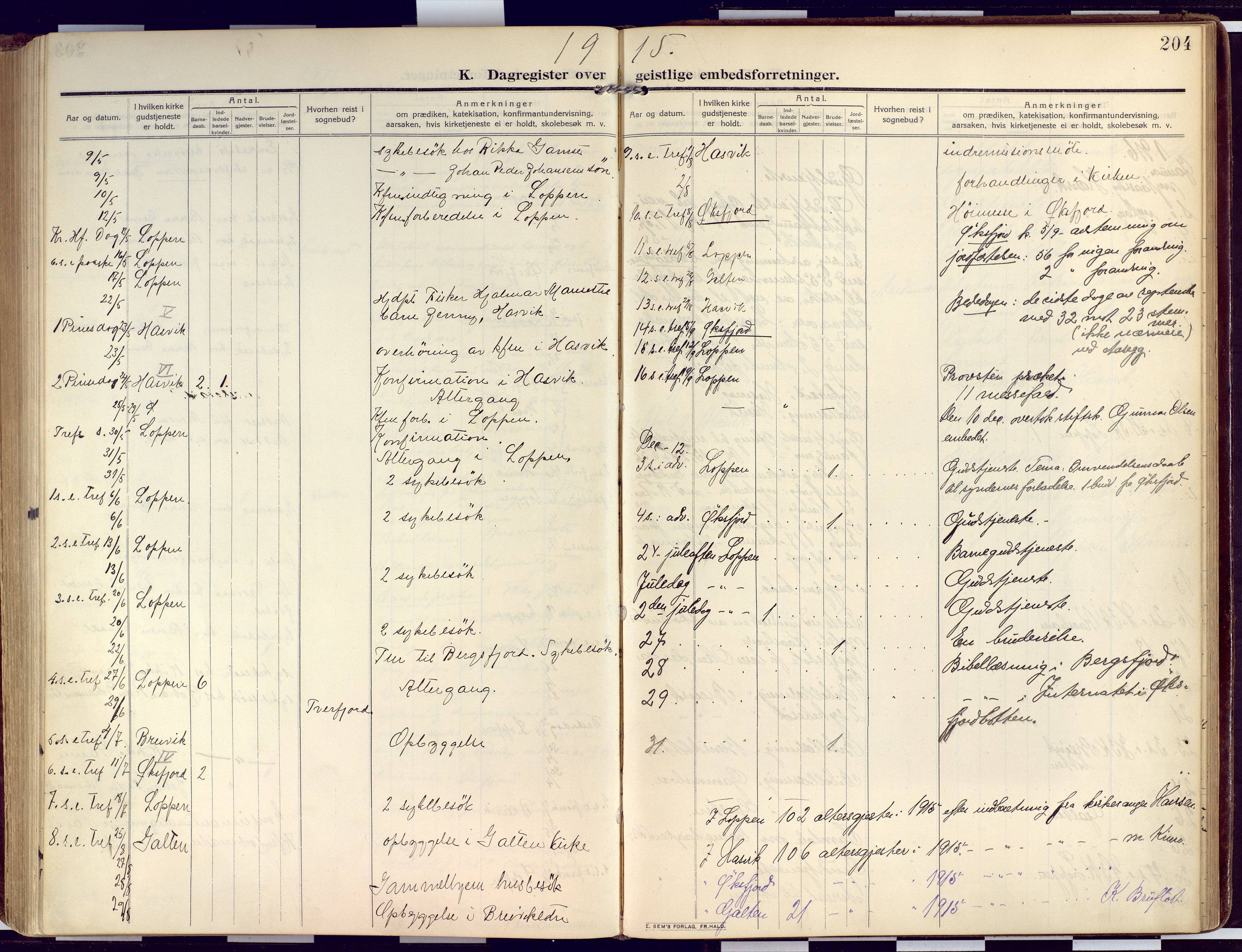 Loppa sokneprestkontor, AV/SATØ-S-1339/H/Ha/L0011kirke: Parish register (official) no. 11, 1909-1919, p. 204