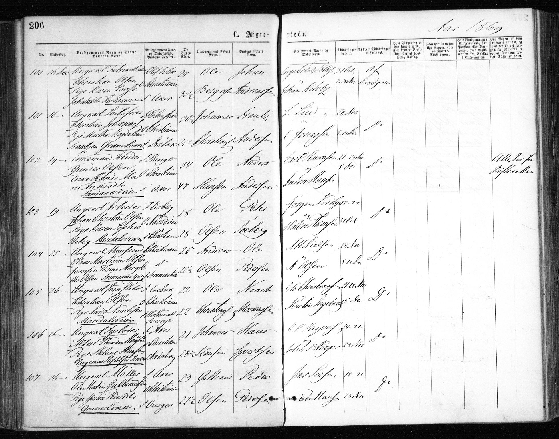 Gamle Aker prestekontor Kirkebøker, SAO/A-10617a/F/L0003: Parish register (official) no. 3, 1865-1873, p. 206