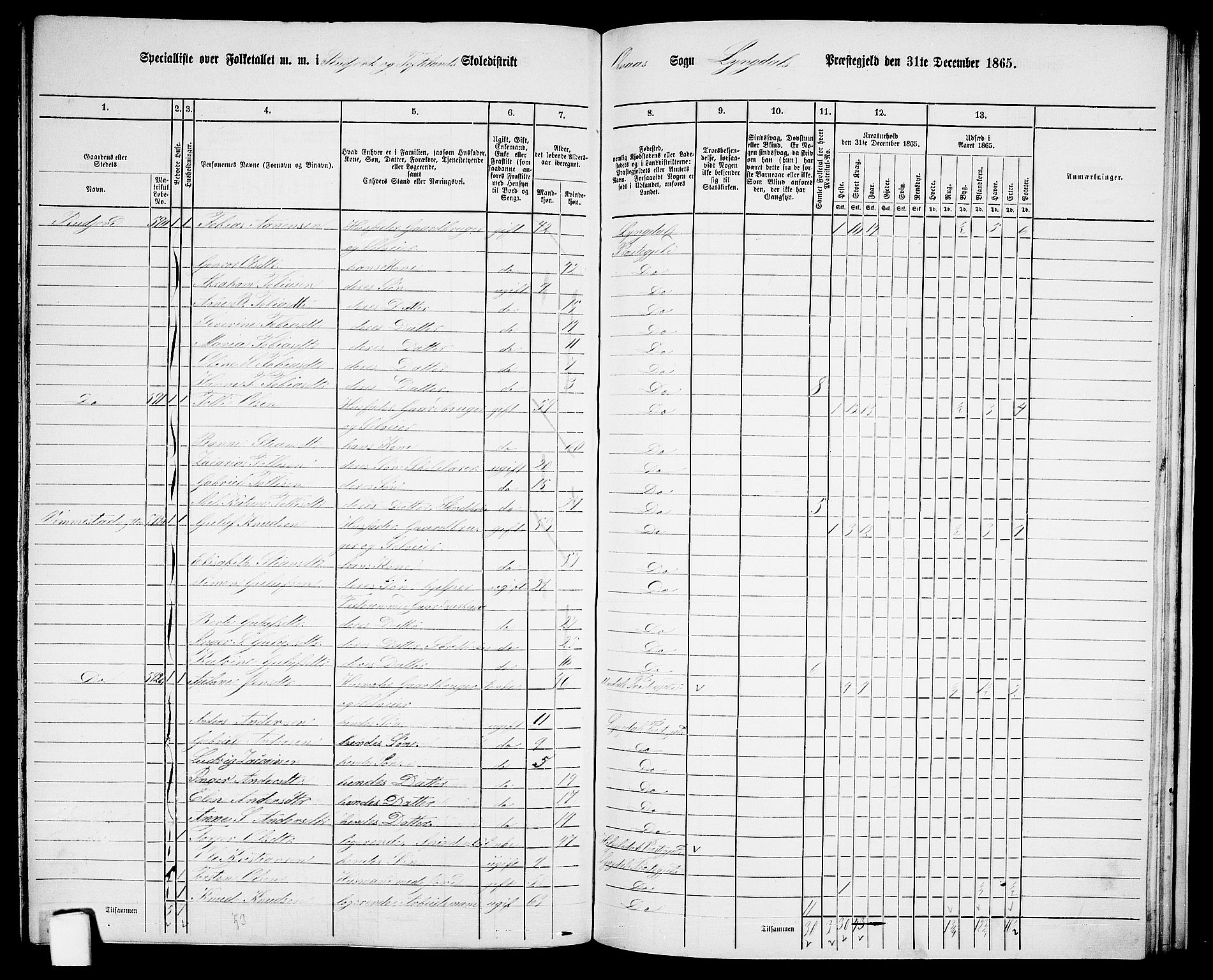 RA, 1865 census for Lyngdal, 1865, p. 218