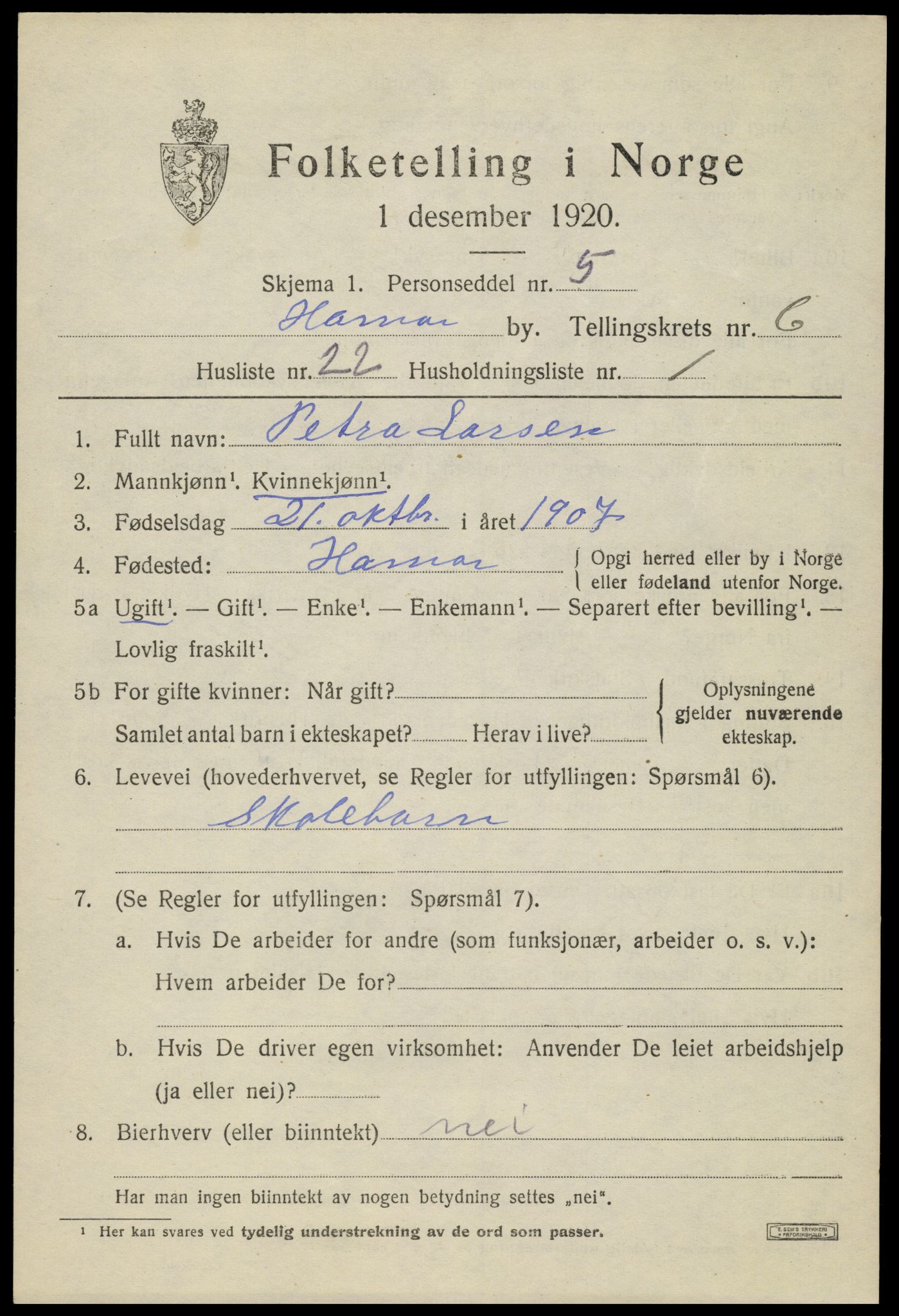 SAH, 1920 census for Hamar, 1920, p. 11547
