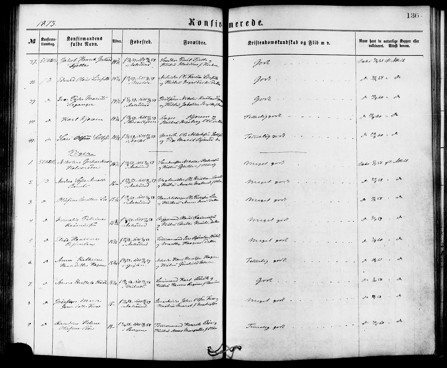 Ministerialprotokoller, klokkerbøker og fødselsregistre - Møre og Romsdal, AV/SAT-A-1454/529/L0453: Parish register (official) no. 529A03, 1872-1877, p. 136