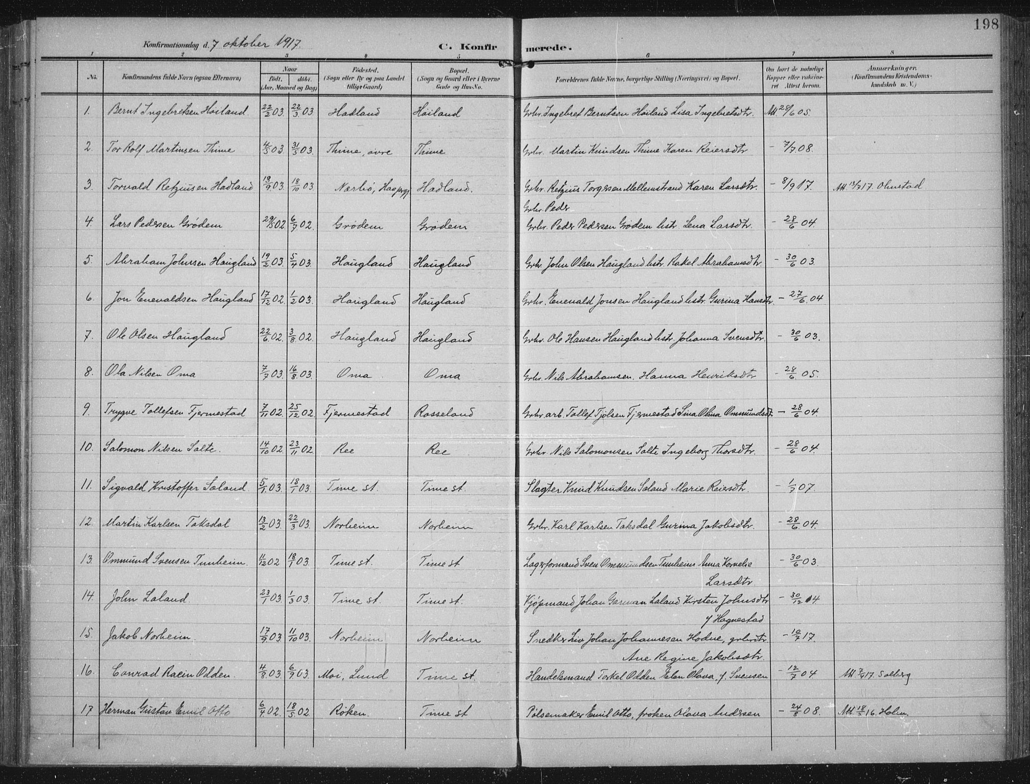 Lye sokneprestkontor, SAST/A-101794/002/A/L0001: Parish register (official) no. A 12, 1904-1920, p. 198