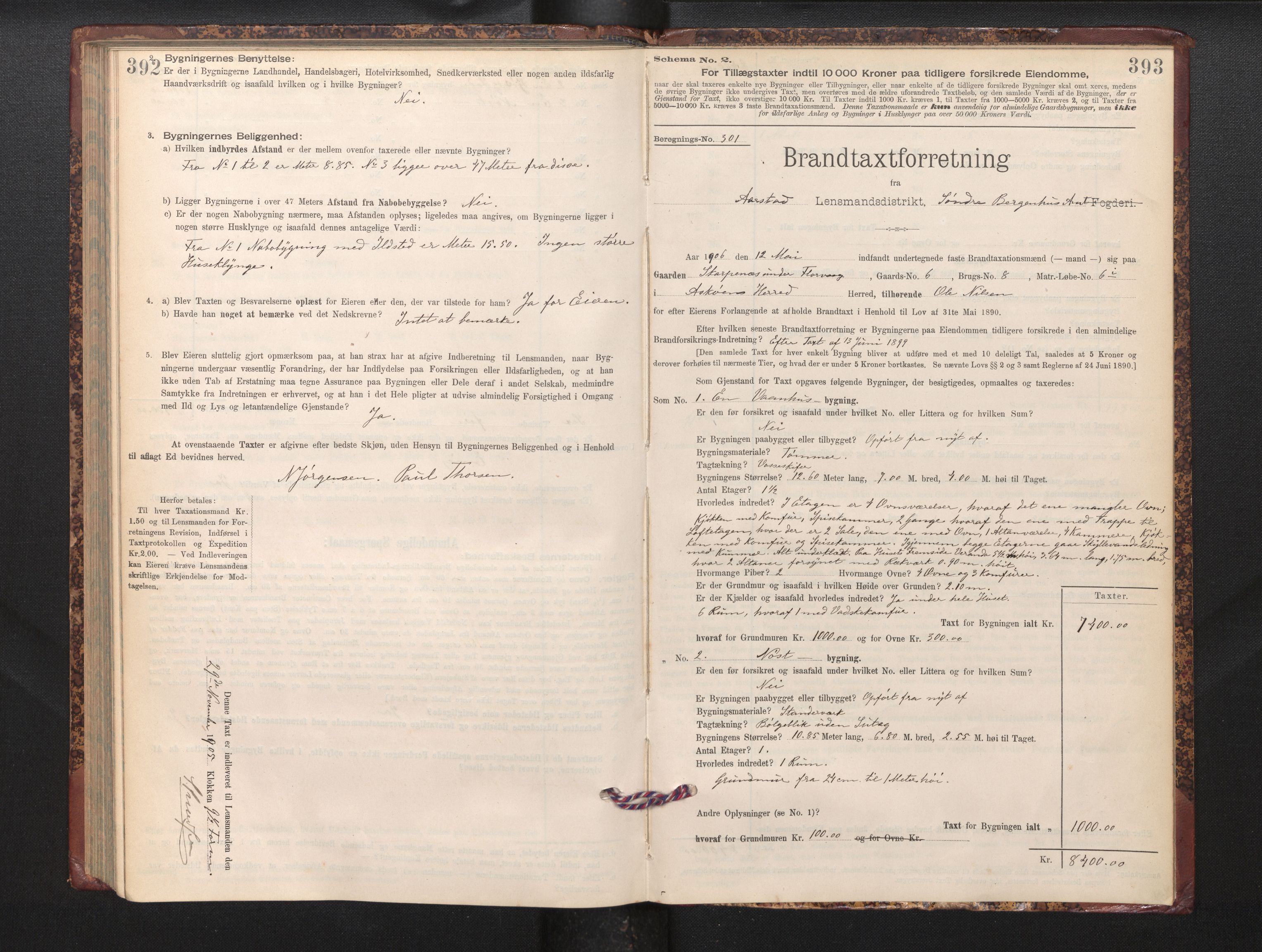 Lensmannen i Årstad, AV/SAB-A-36201/0012/L0012: Branntakstprotokoll,skjematakst, 1898-1906, p. 392-393