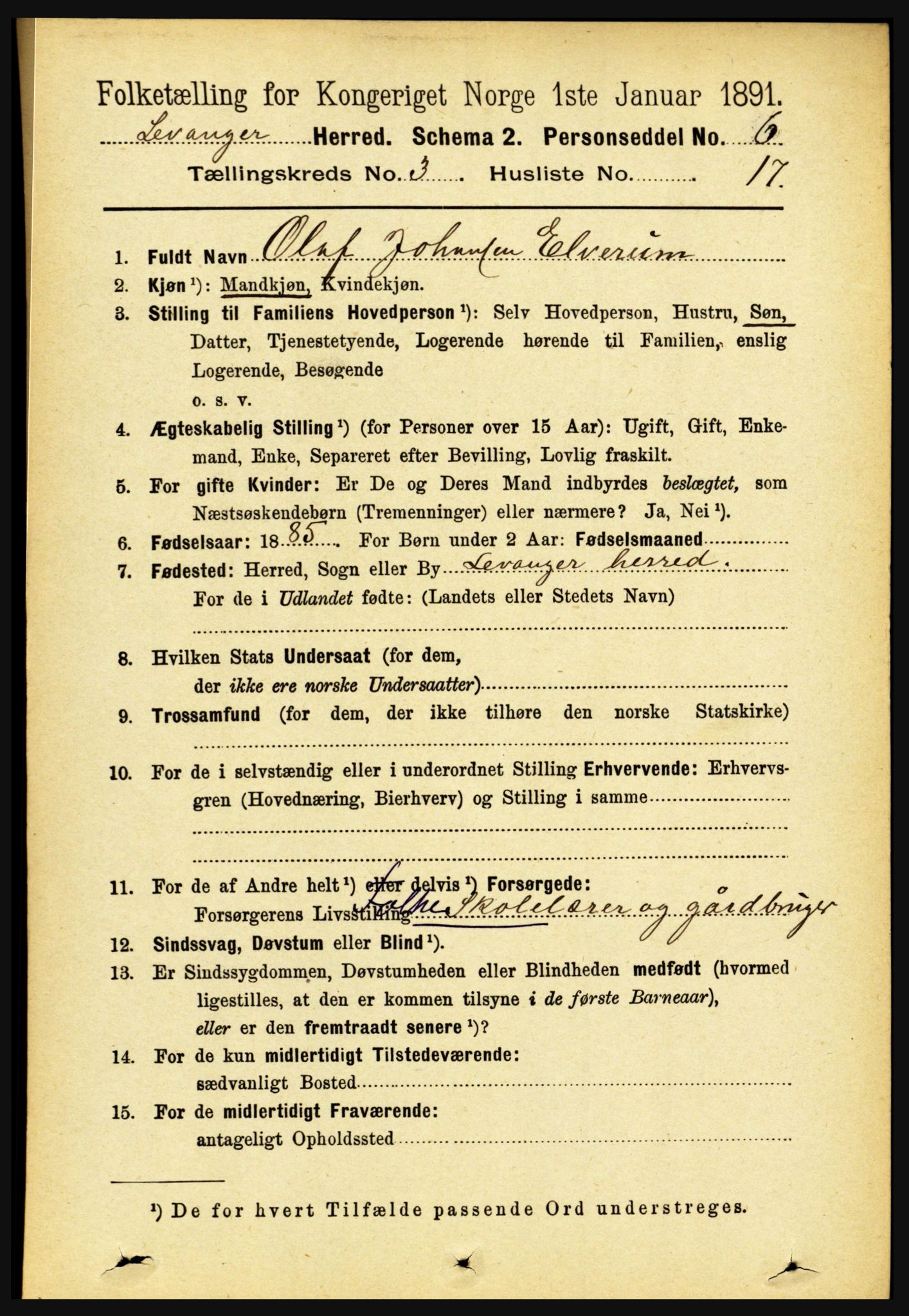 RA, 1891 census for 1720 Levanger, 1891, p. 1702