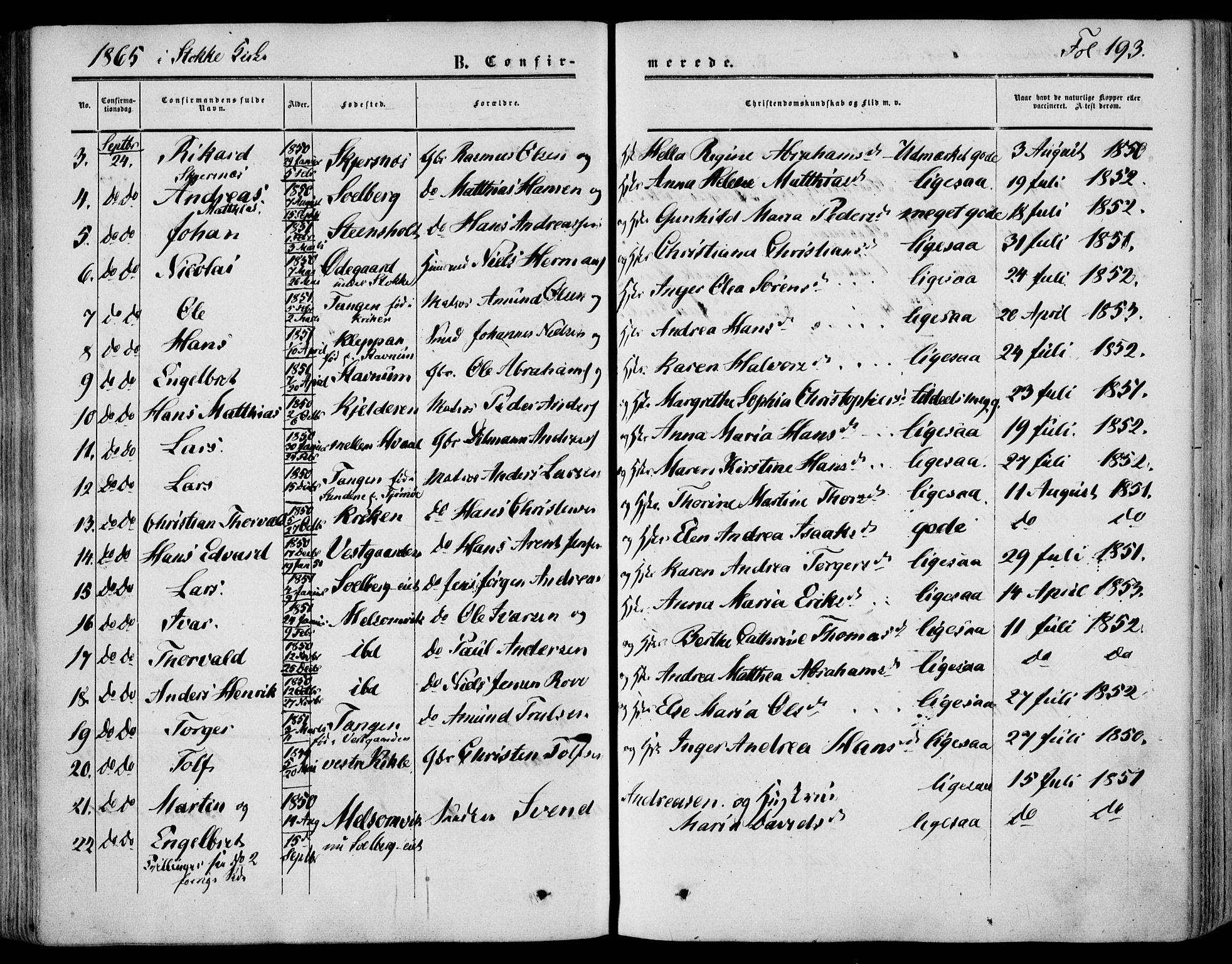 Stokke kirkebøker, AV/SAKO-A-320/F/Fa/L0008: Parish register (official) no. I 8, 1858-1871, p. 193