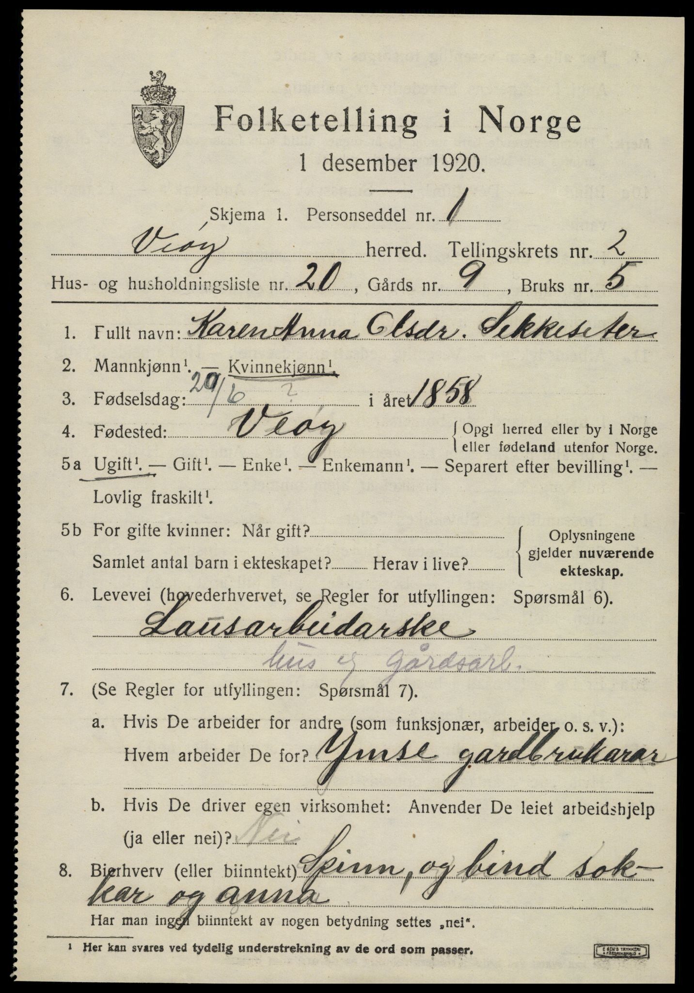 SAT, 1920 census for Veøy, 1920, p. 1433