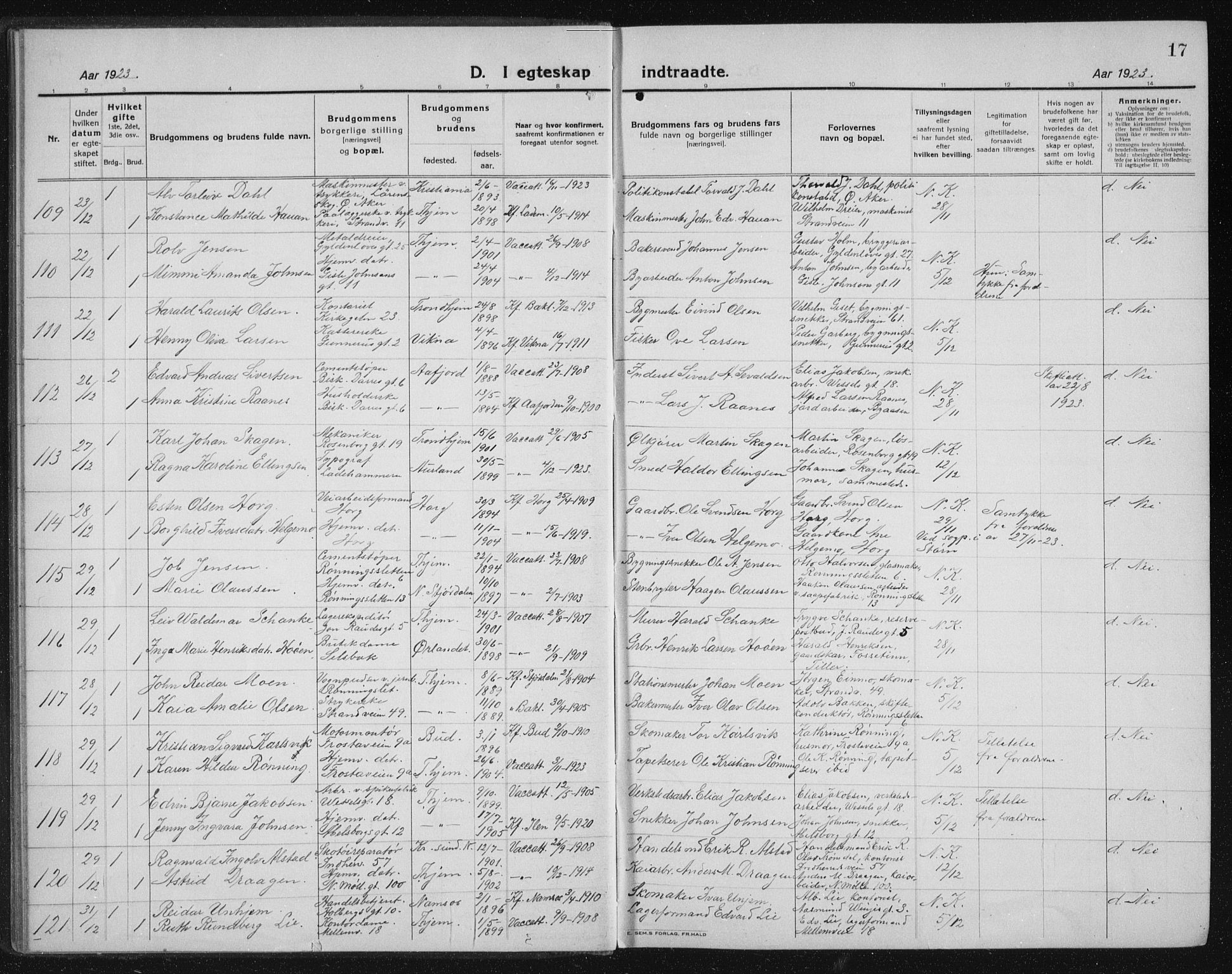 Ministerialprotokoller, klokkerbøker og fødselsregistre - Sør-Trøndelag, SAT/A-1456/605/L0260: Parish register (copy) no. 605C07, 1922-1942, p. 17