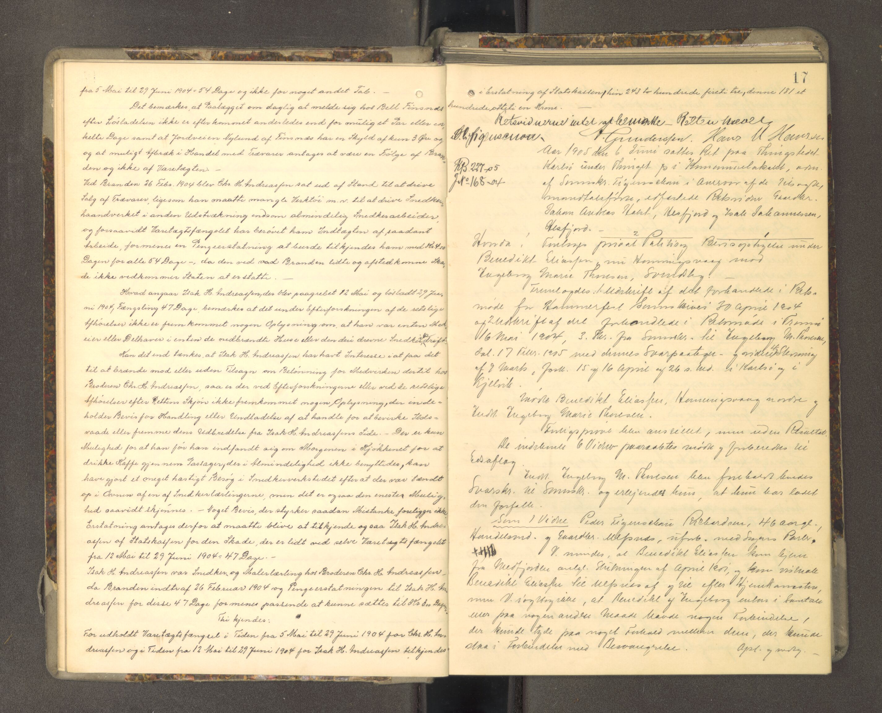 Tromsø sorenskriveri 1855-, AV/SATØ-S-0050/F/Fe/L0139: Ekstrarettsprotokoll, 1905-1909, p. 16b-17a