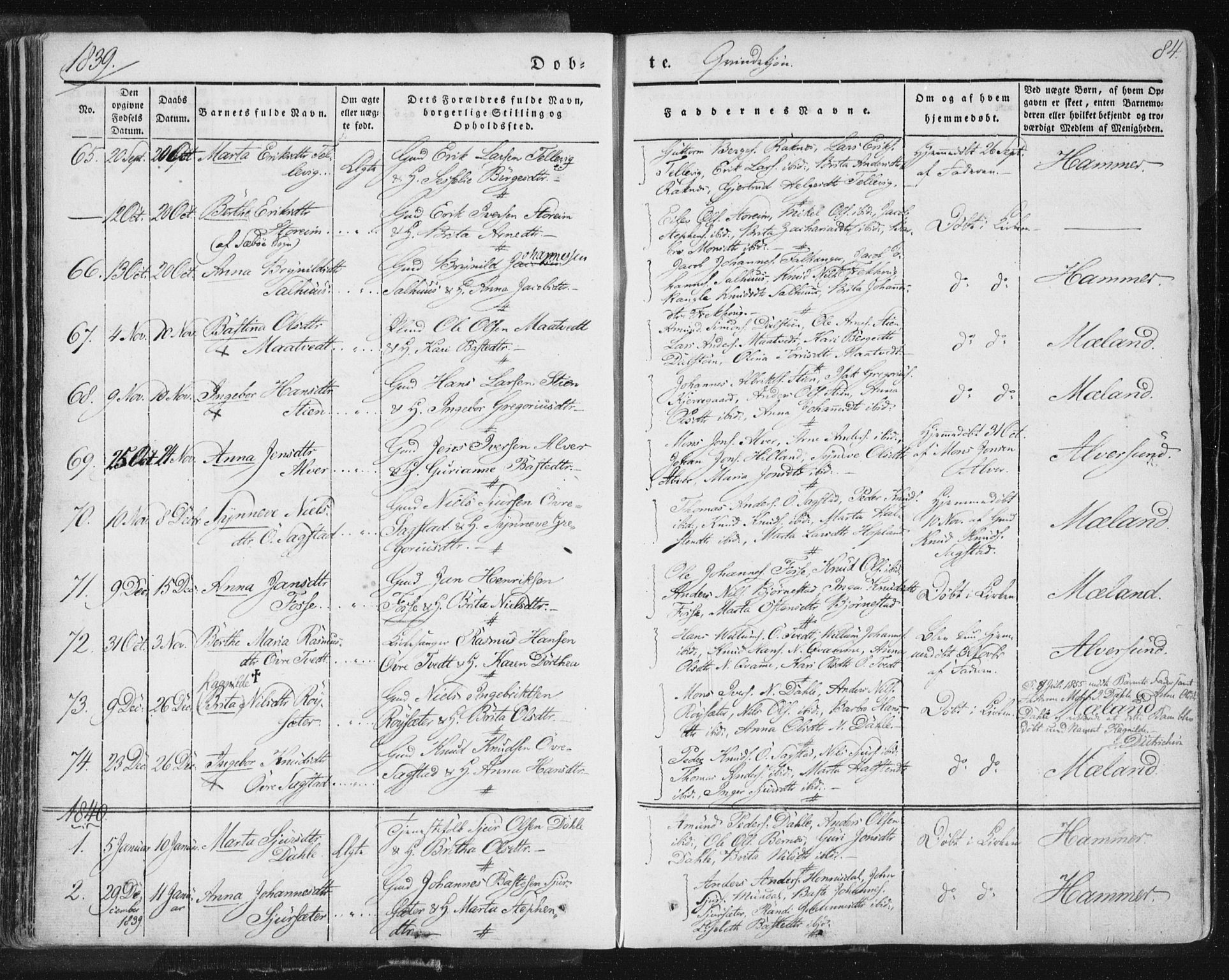 Hamre sokneprestembete, SAB/A-75501/H/Ha/Haa/Haaa/L0012: Parish register (official) no. A 12, 1834-1845, p. 84