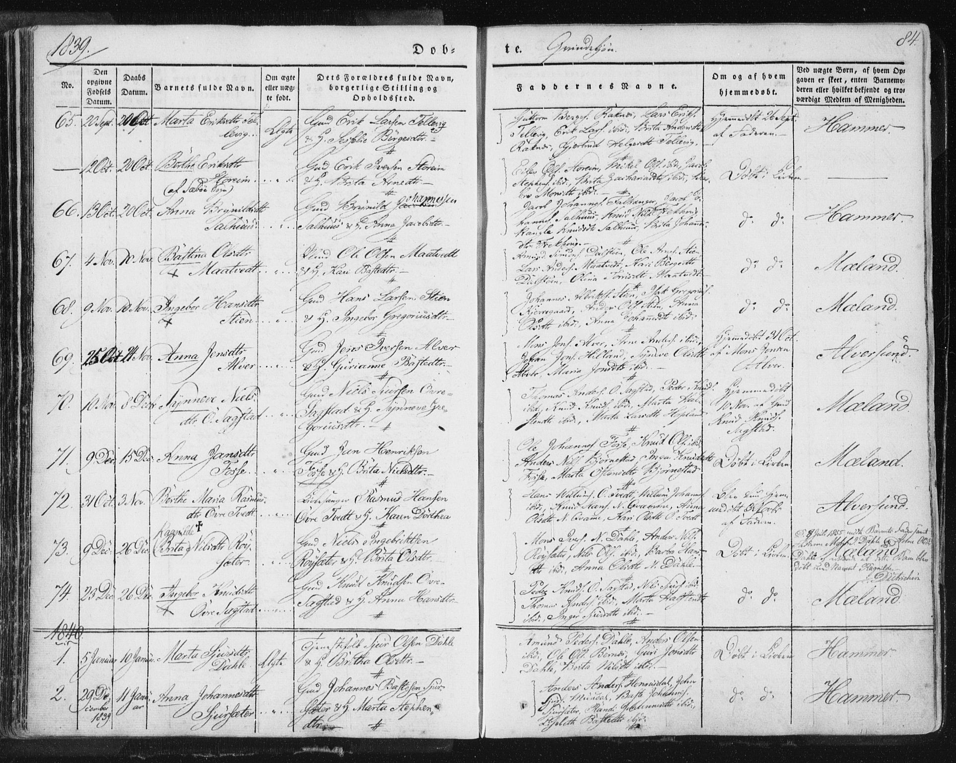 Hamre sokneprestembete, AV/SAB-A-75501/H/Ha/Haa/Haaa/L0012: Parish register (official) no. A 12, 1834-1845, p. 84