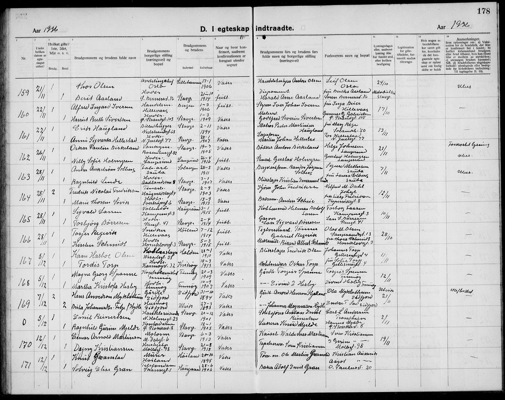 Domkirken sokneprestkontor, AV/SAST-A-101812/001/30/30BB/L0020: Parish register (copy) no. B 20, 1921-1937, p. 178