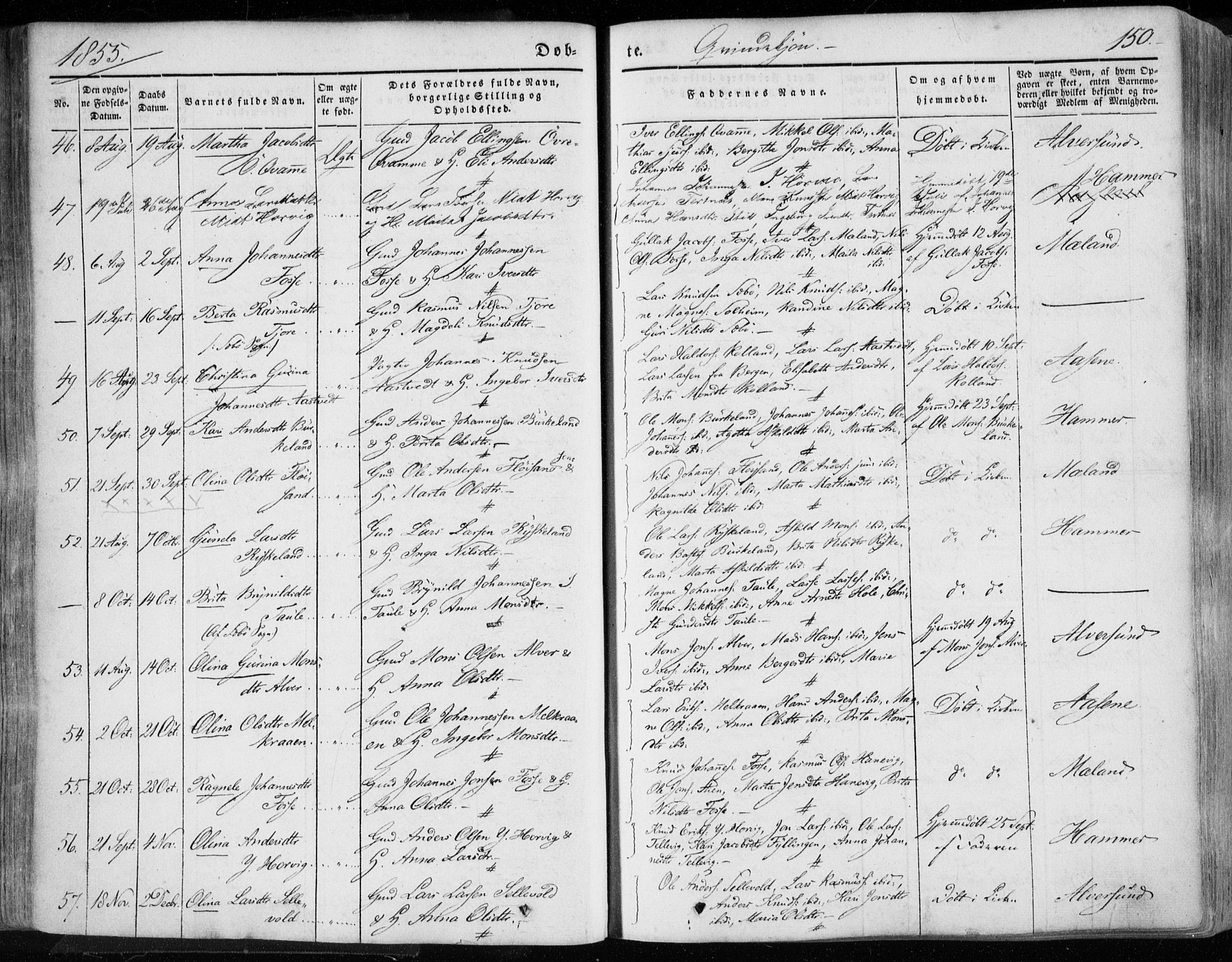 Hamre sokneprestembete, AV/SAB-A-75501/H/Ha/Haa/Haaa/L0013: Parish register (official) no. A 13, 1846-1857, p. 150