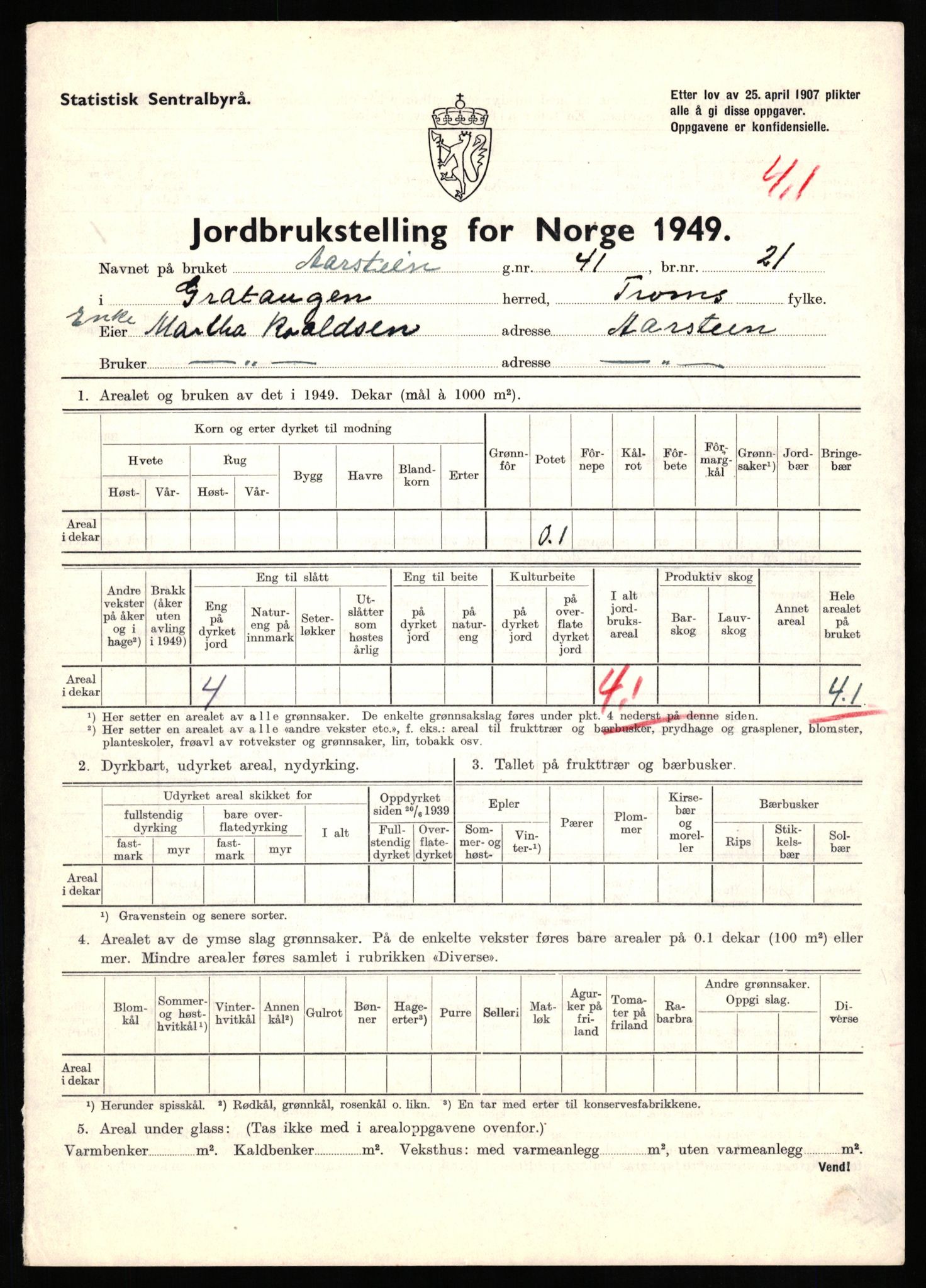 Statistisk sentralbyrå, Næringsøkonomiske emner, Jordbruk, skogbruk, jakt, fiske og fangst, AV/RA-S-2234/G/Gc/L0437: Troms: Gratangen og Lavangen, 1949, p. 621