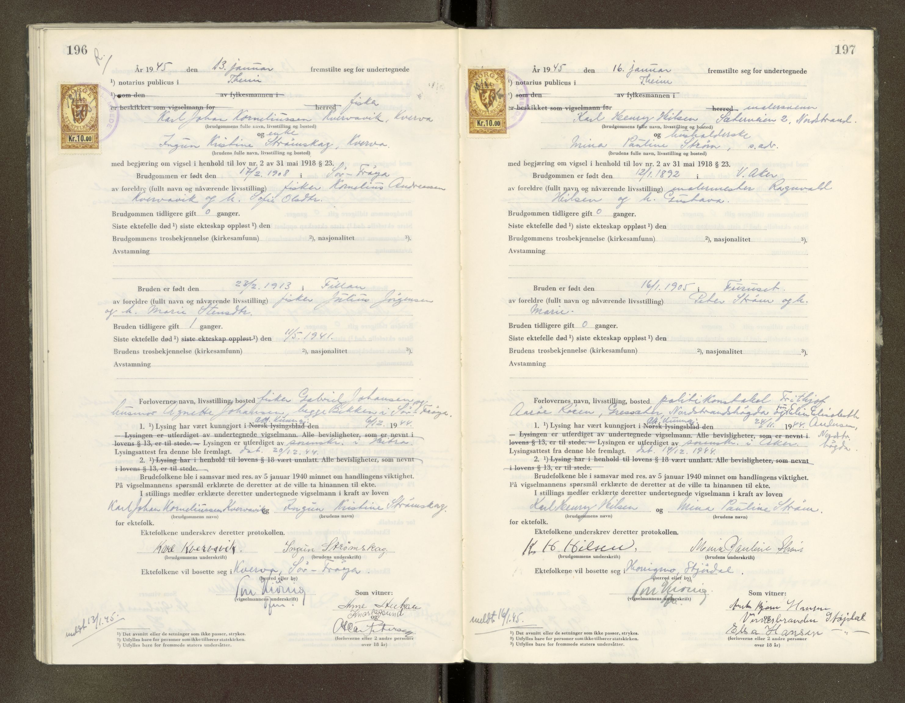Trondheim byfogd, AV/SAT-A-0003/1/6/6D/L0005: Vigselbøker, 1944-1948, p. 196-197