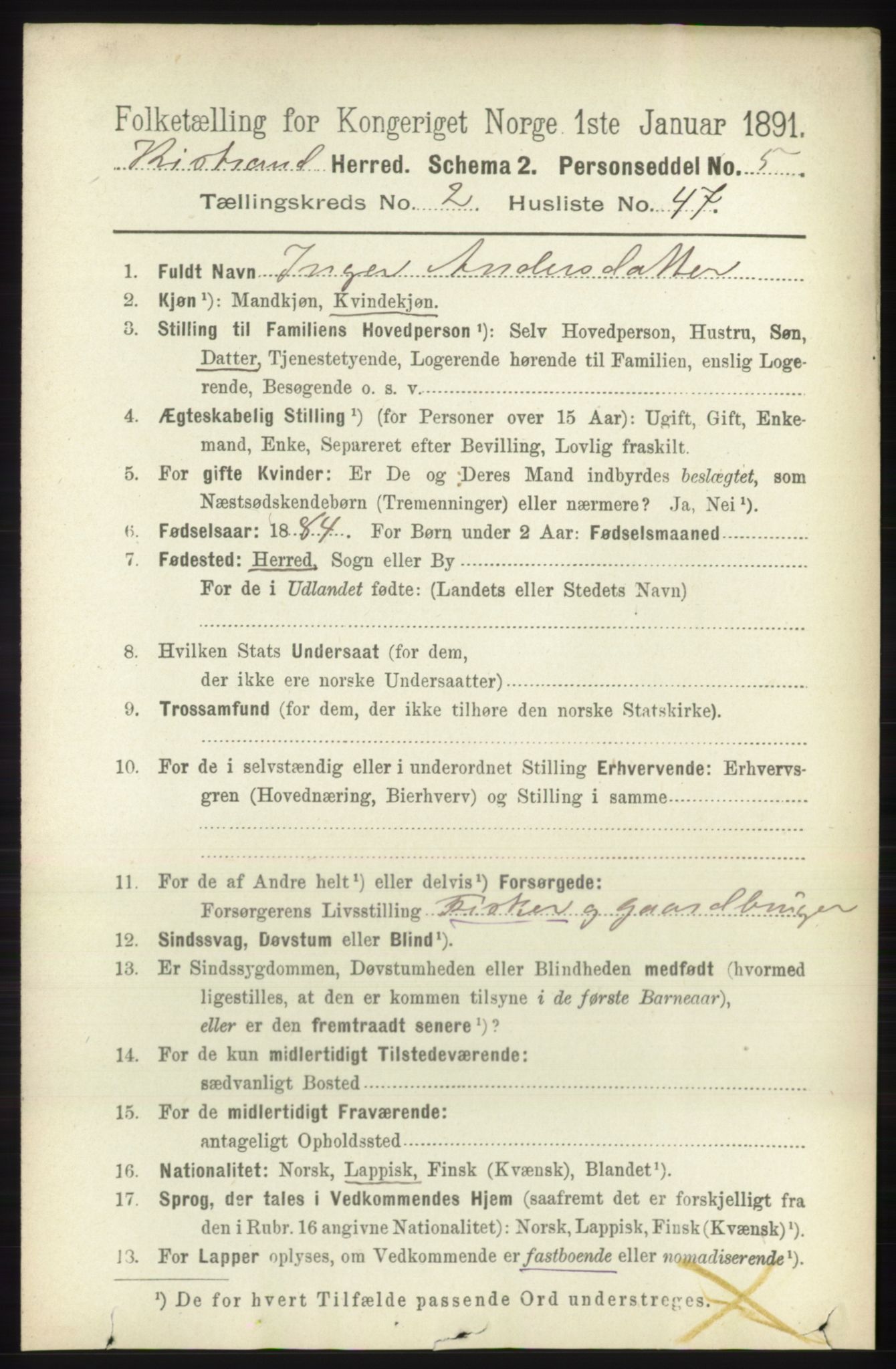 RA, 1891 census for 2020 Kistrand, 1891, p. 856