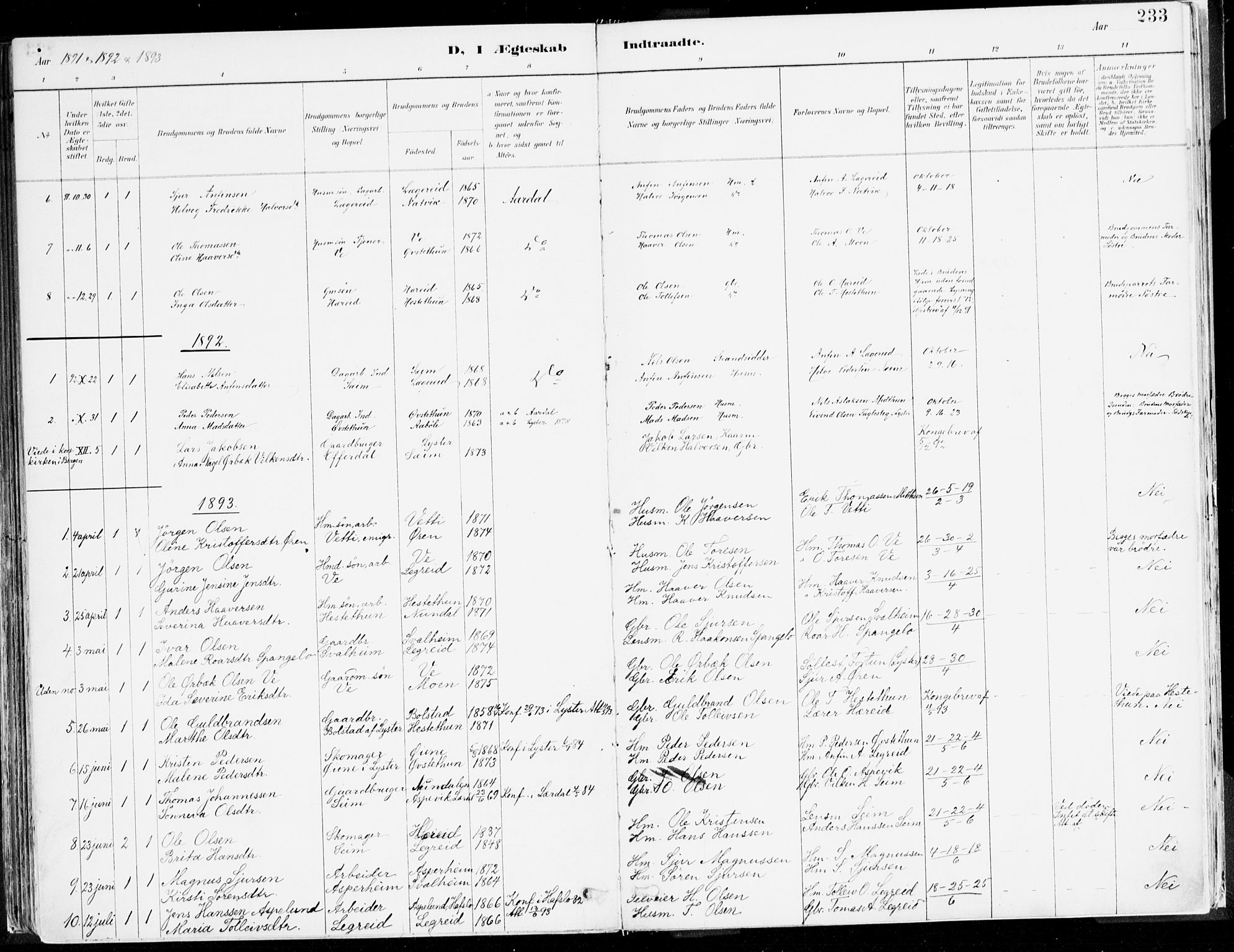 Årdal sokneprestembete, AV/SAB-A-81701: Parish register (official) no. A 5, 1887-1917, p. 233