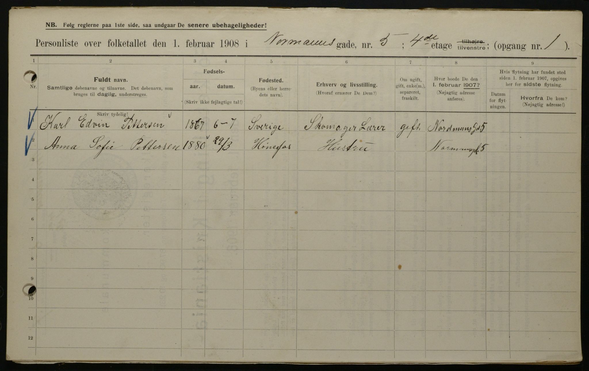 OBA, Municipal Census 1908 for Kristiania, 1908, p. 66033