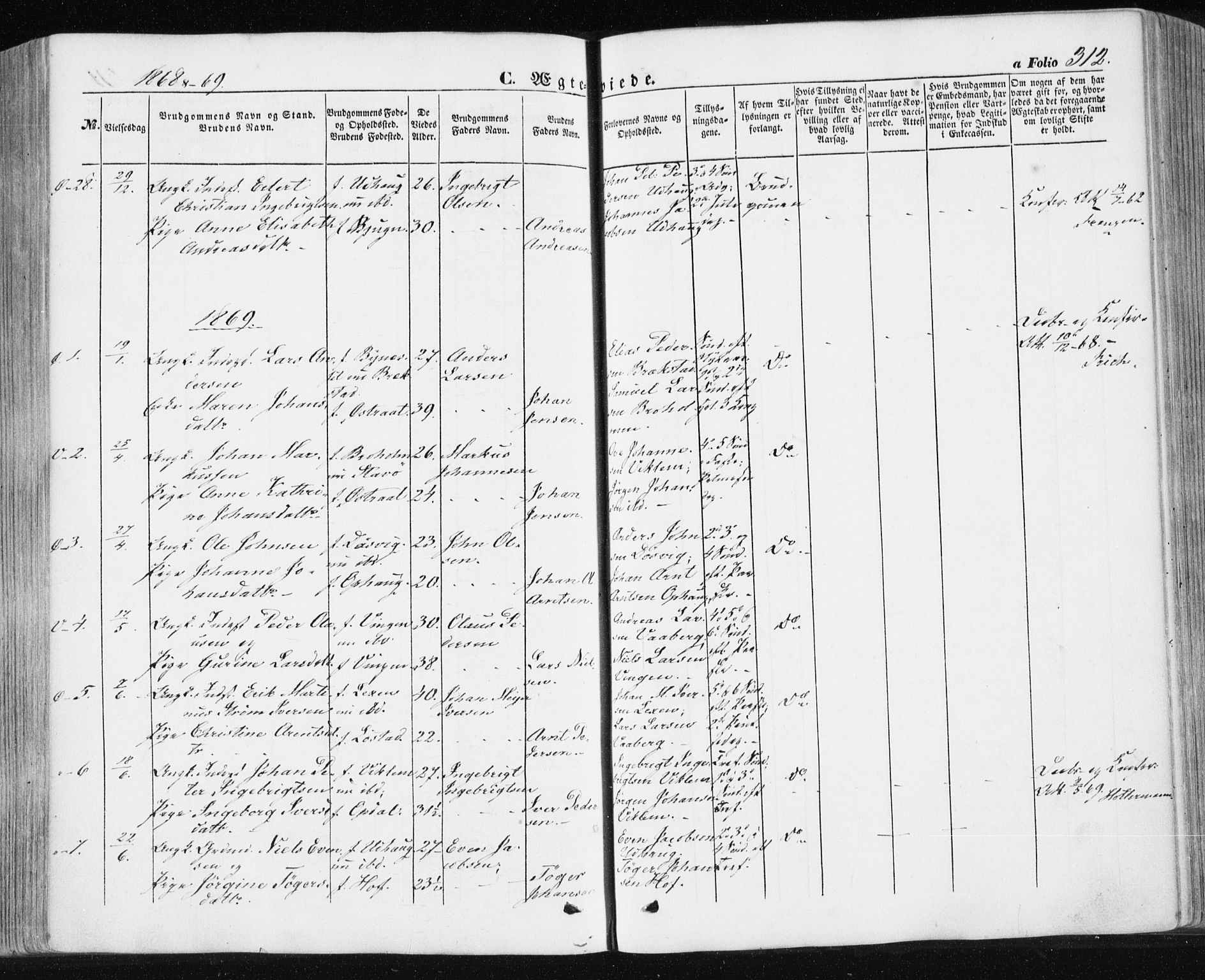 Ministerialprotokoller, klokkerbøker og fødselsregistre - Sør-Trøndelag, SAT/A-1456/659/L0737: Parish register (official) no. 659A07, 1857-1875, p. 312