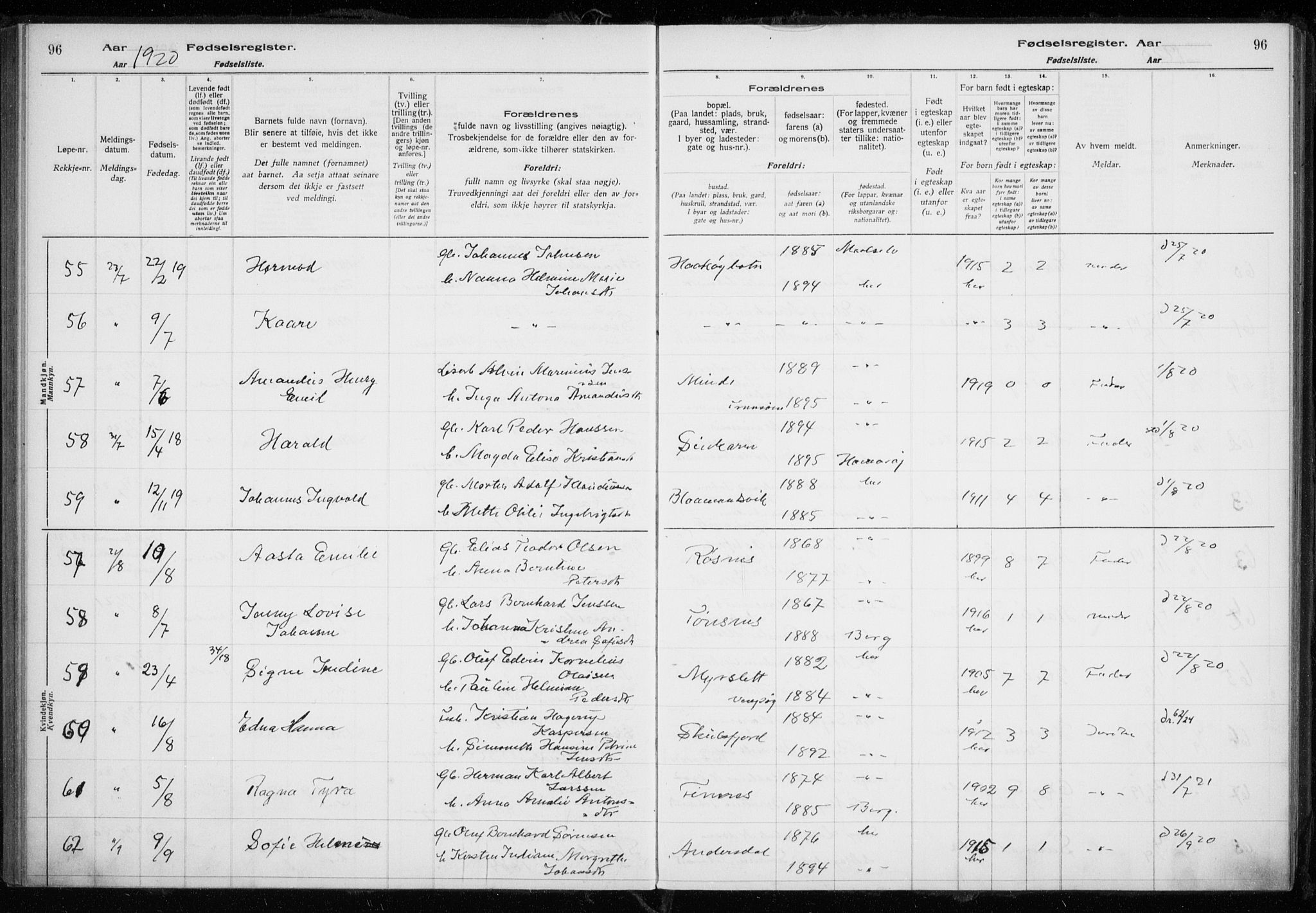 Tromsøysund sokneprestkontor, AV/SATØ-S-1304/H/Ha/L0079: Birth register no. 79, 1916-1924, p. 96