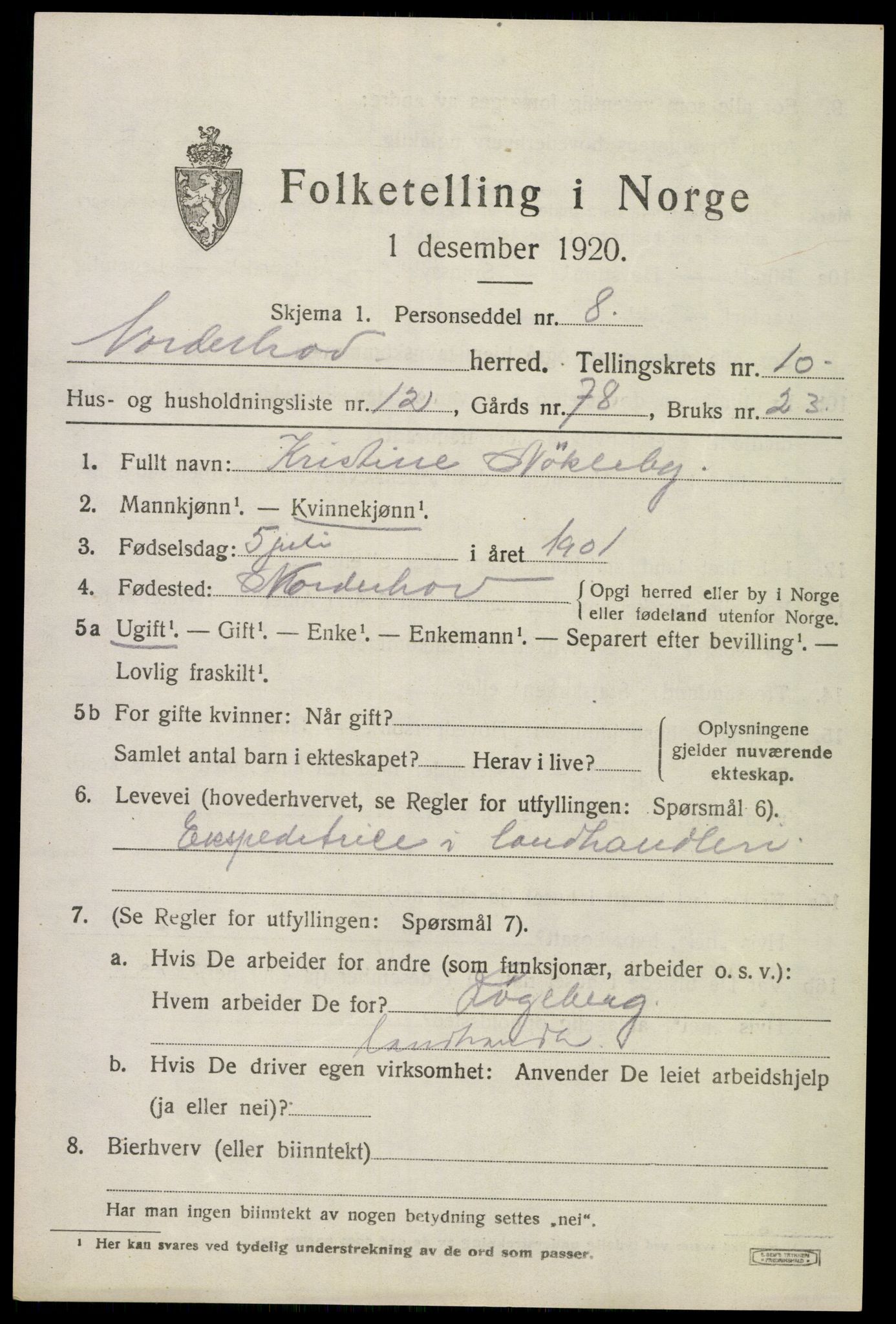 SAKO, 1920 census for Norderhov, 1920, p. 12168