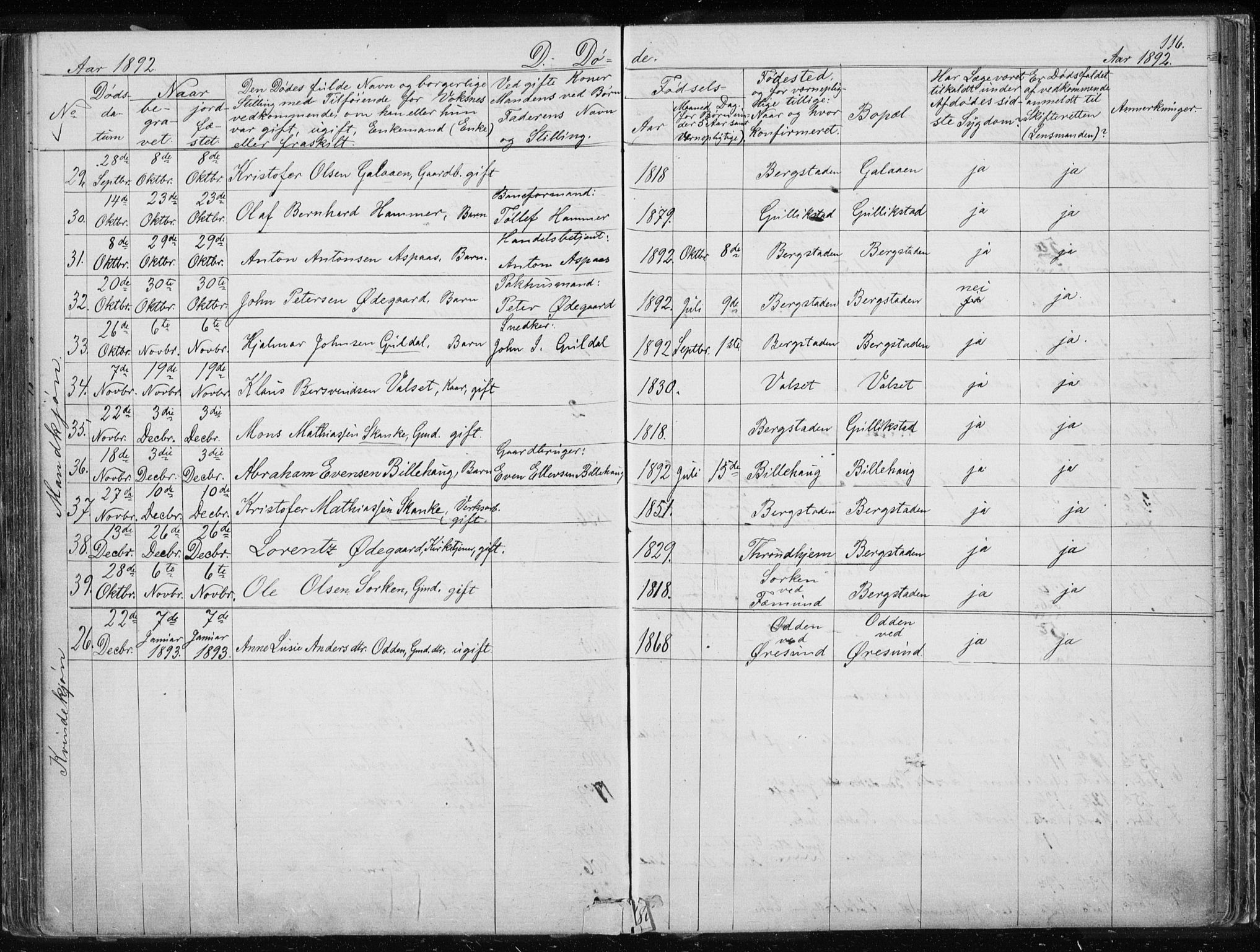 Ministerialprotokoller, klokkerbøker og fødselsregistre - Sør-Trøndelag, AV/SAT-A-1456/681/L0940: Parish register (copy) no. 681C04, 1880-1895, p. 116