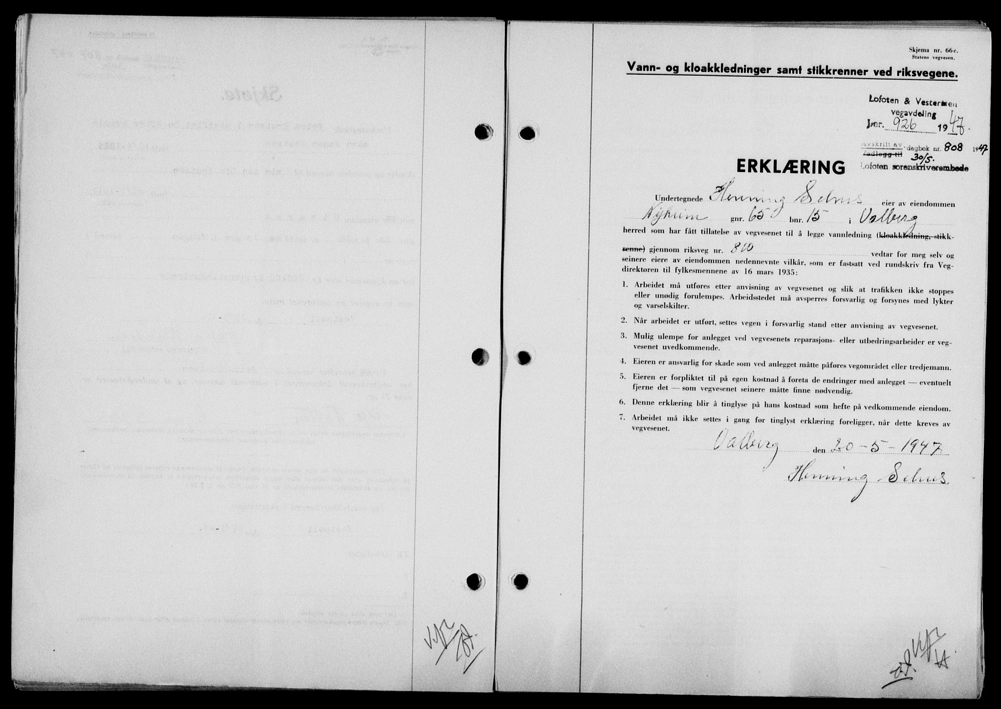 Lofoten sorenskriveri, SAT/A-0017/1/2/2C/L0016a: Mortgage book no. 16a, 1947-1947, Diary no: : 808/1947
