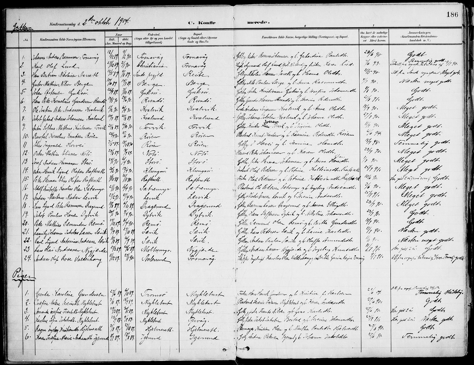 Ministerialprotokoller, klokkerbøker og fødselsregistre - Møre og Romsdal, SAT/A-1454/507/L0075: Parish register (official) no. 507A10, 1901-1920, p. 186