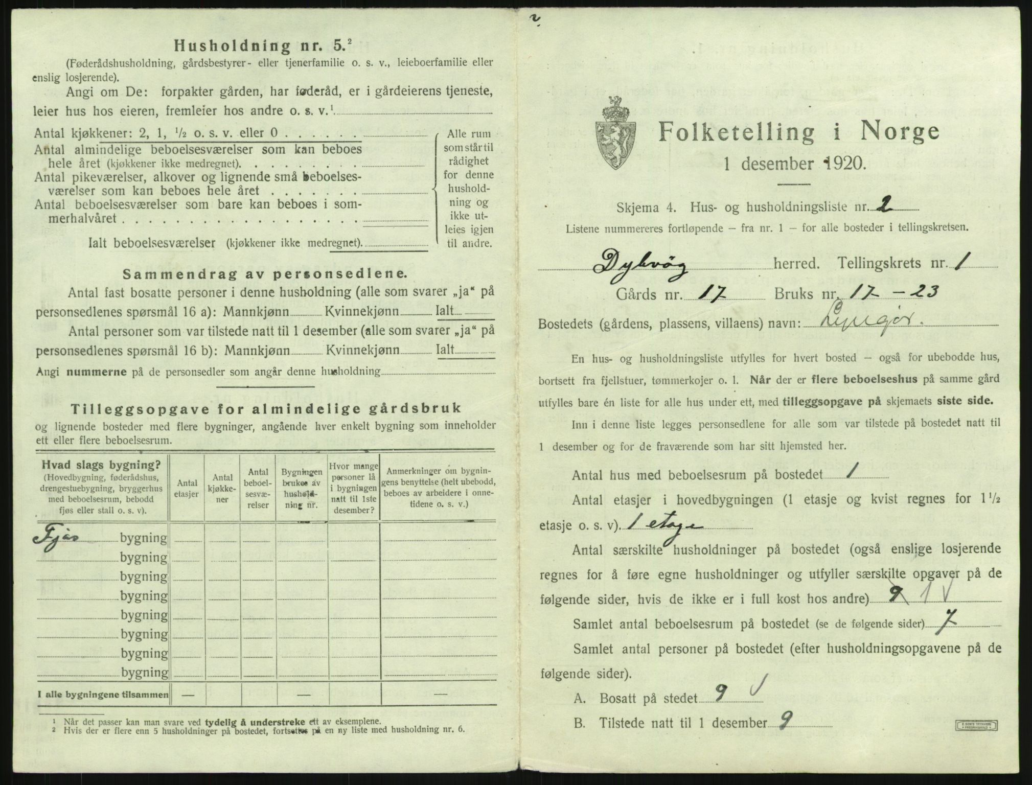 SAK, 1920 census for Dypvåg, 1920, p. 45