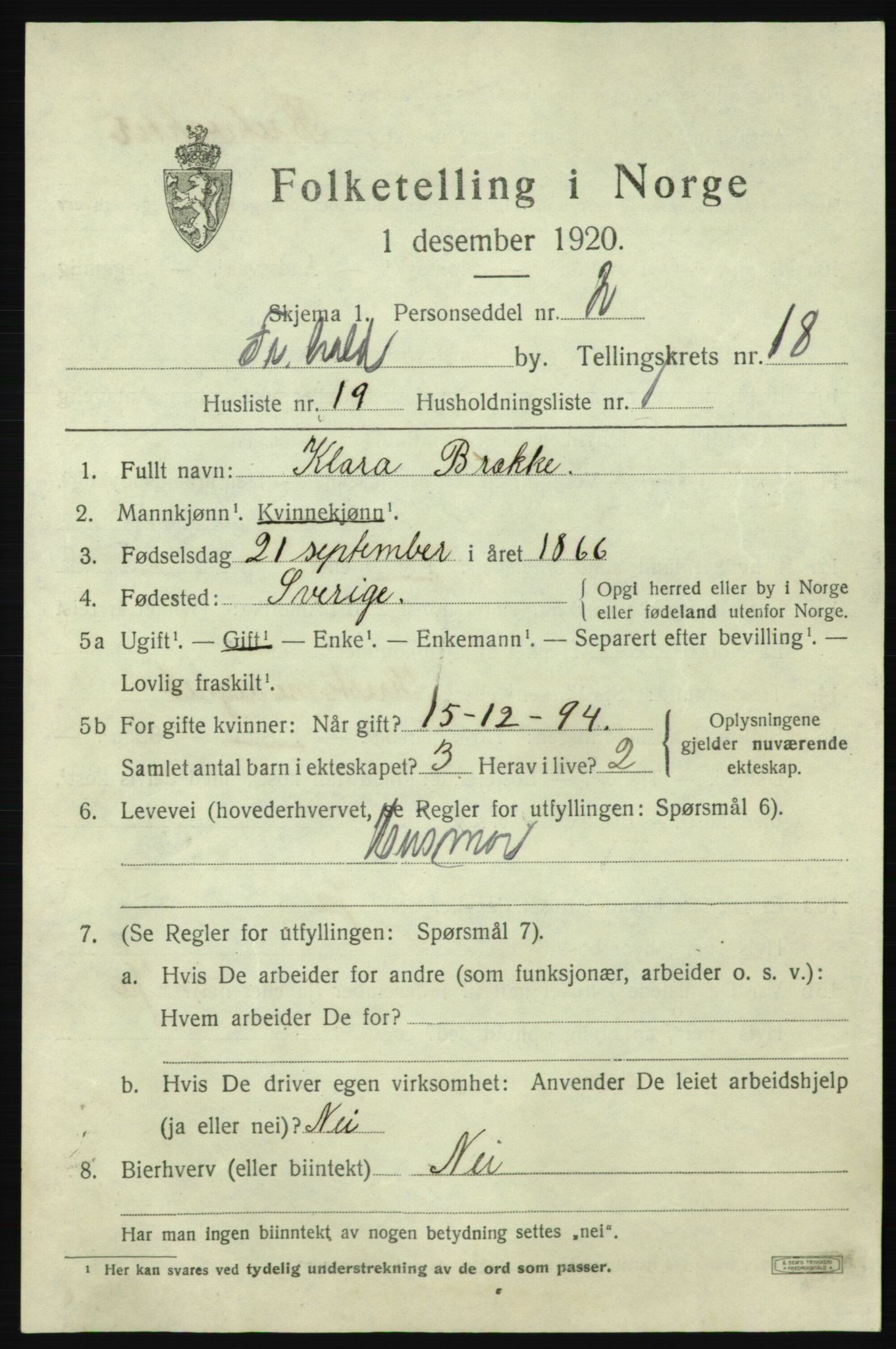 SAO, 1920 census for Fredrikshald, 1920, p. 27609