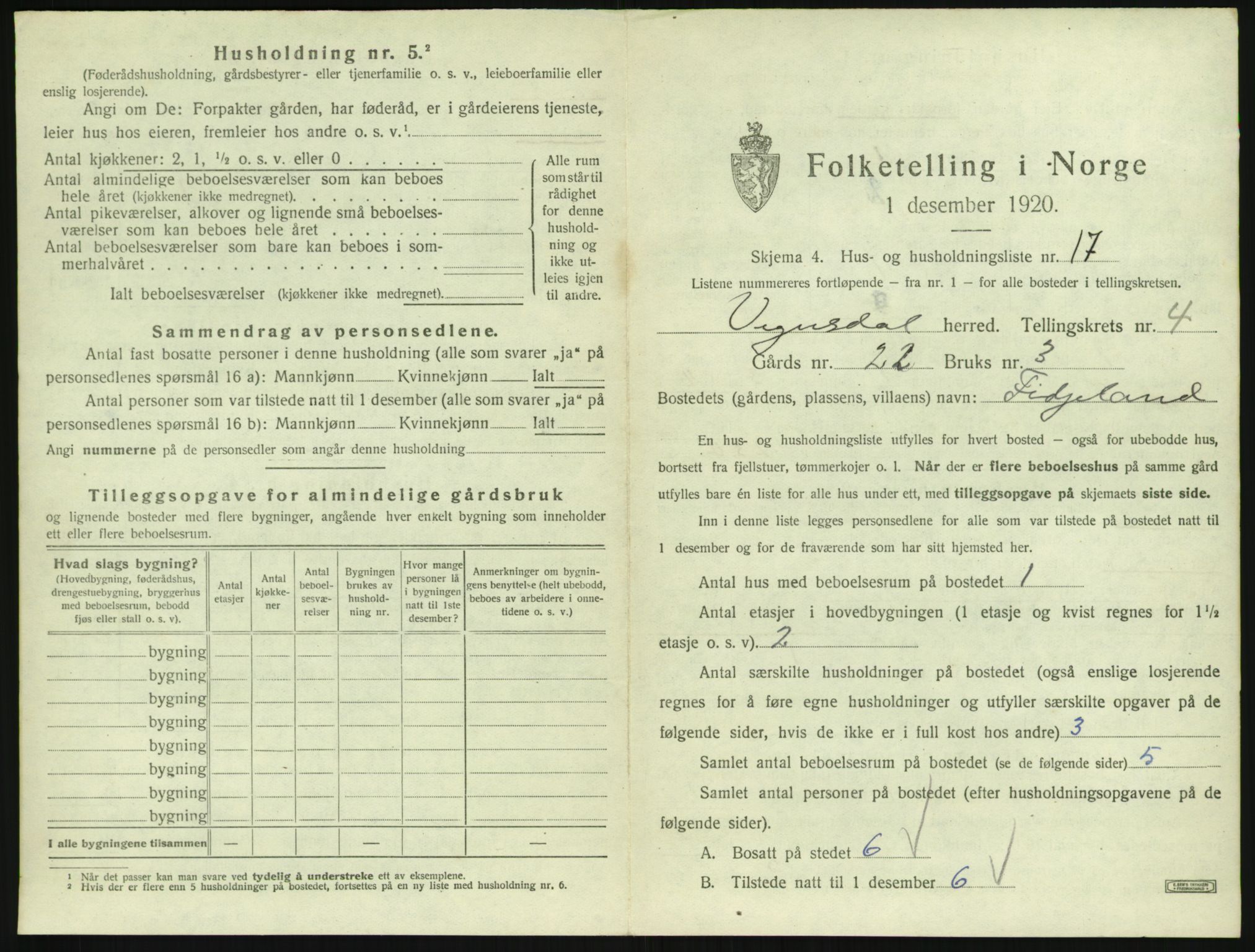 SAK, 1920 census for Vegusdal, 1920, p. 197