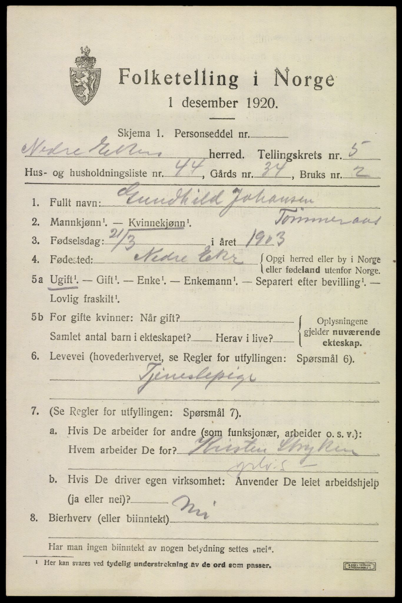 SAKO, 1920 census for Nedre Eiker, 1920, p. 6403