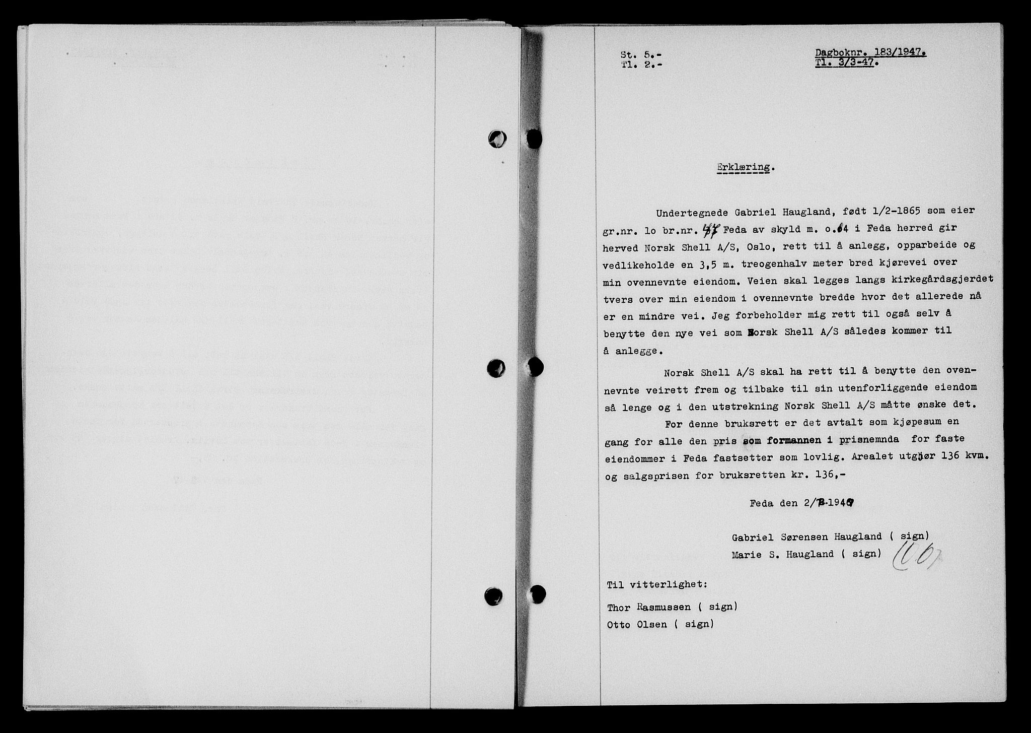 Flekkefjord sorenskriveri, SAK/1221-0001/G/Gb/Gba/L0061: Mortgage book no. A-9, 1946-1947, Diary no: : 183/1947